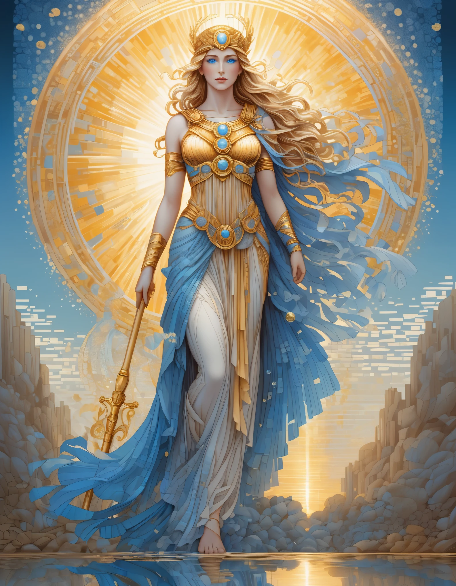 pixel art,in style of Amanda Sage, beautiful details,Beautiful goddess Athena in a blue gradient color of dissolved pixels,(whole body),Extraordinarily beautiful blue eyes,gradually decompose,Golden sunshine shines in,Partial reflection in water,