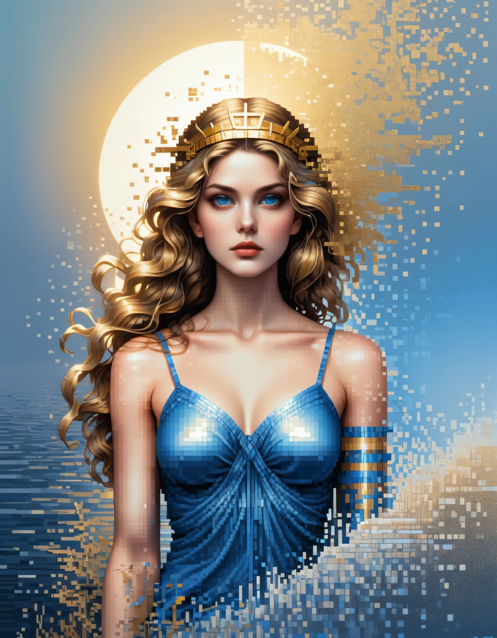 pixel art,in style of Apollonia Saintclair, beautiful details，Beautiful goddess Athena in a blue gradient color of dissolved pixels，（whole body），Extraordinarily beautiful blue eyes，gradually decompose，Golden sunshine shines in，Partial reflection in water，