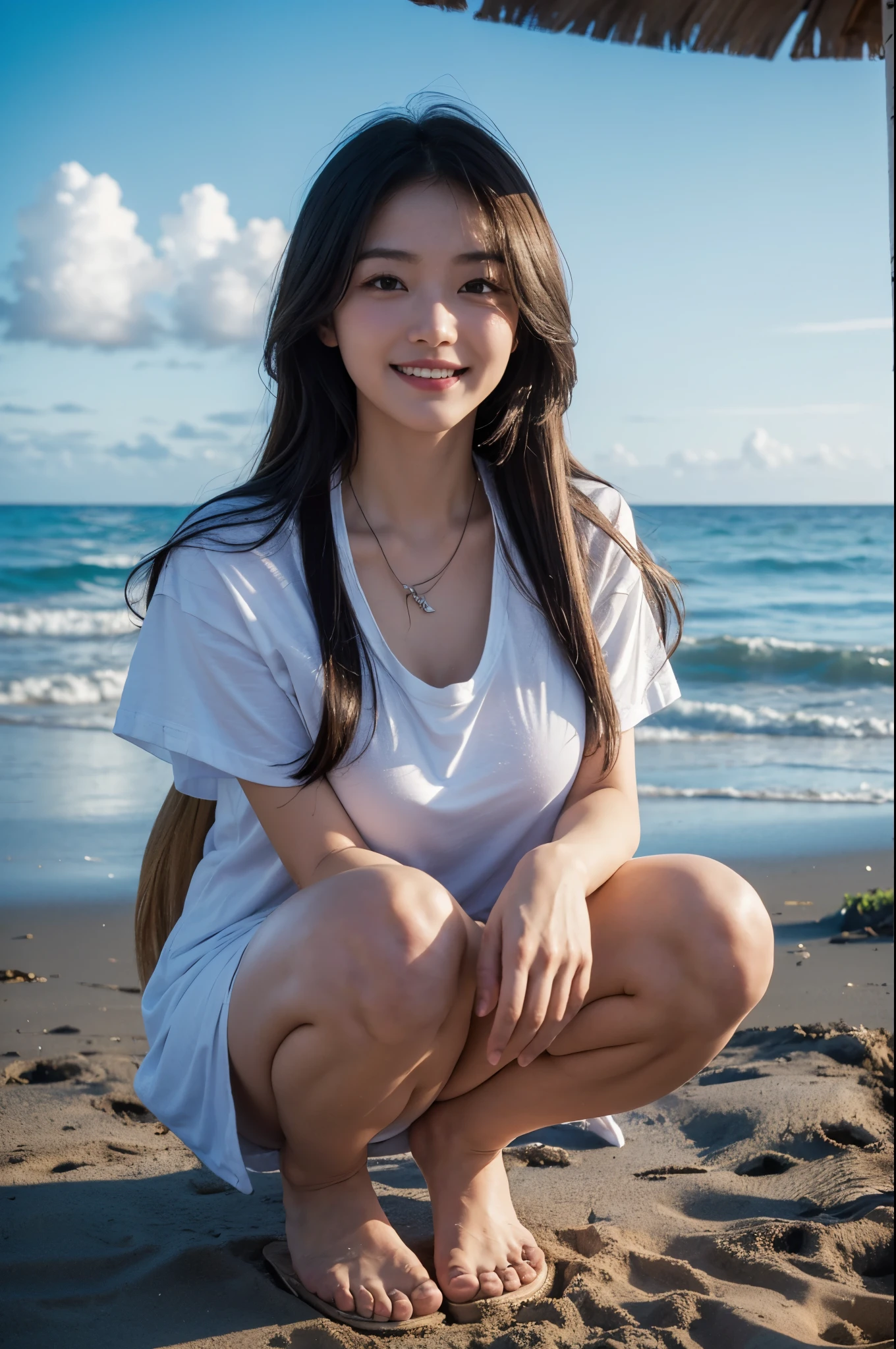 Angle from below、highest quality, (((whole body、squatting down)))、(((big breasts、Gcup)))、beautiful japanese girl,long hair、black hair、 Ocean, sandy beach, deserted island, (((WhitevneckTshirt))), smile with a sexual expression,