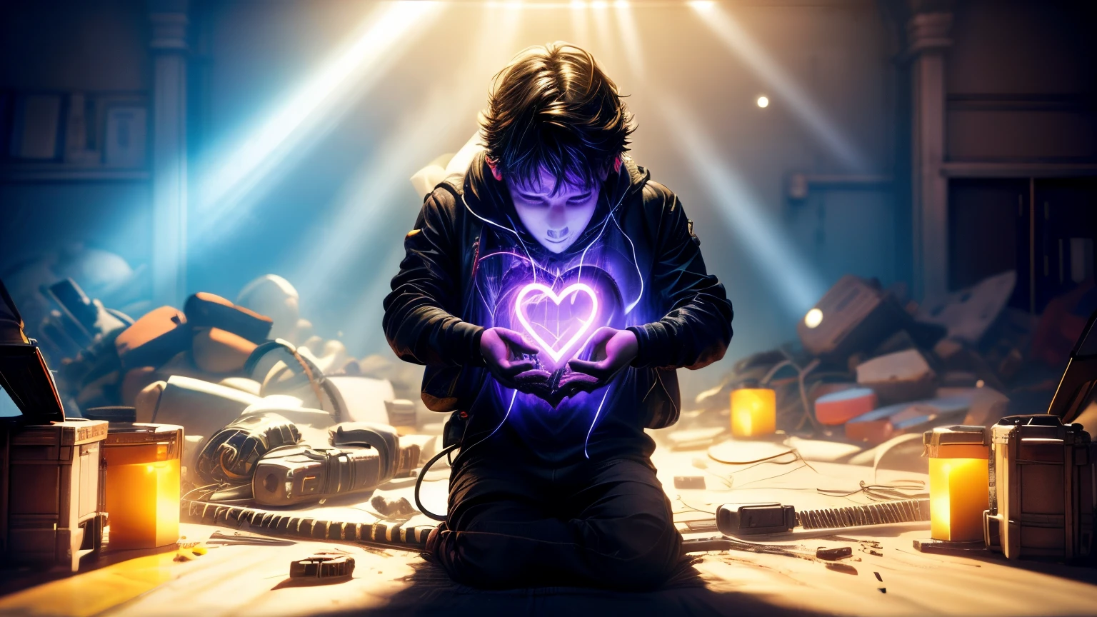 The programmer's heart, depicted as a glowing symbol, resonates with the words "Develop" and "Solve" written around it. Rays of light emanate from the heart, illuminating the room.