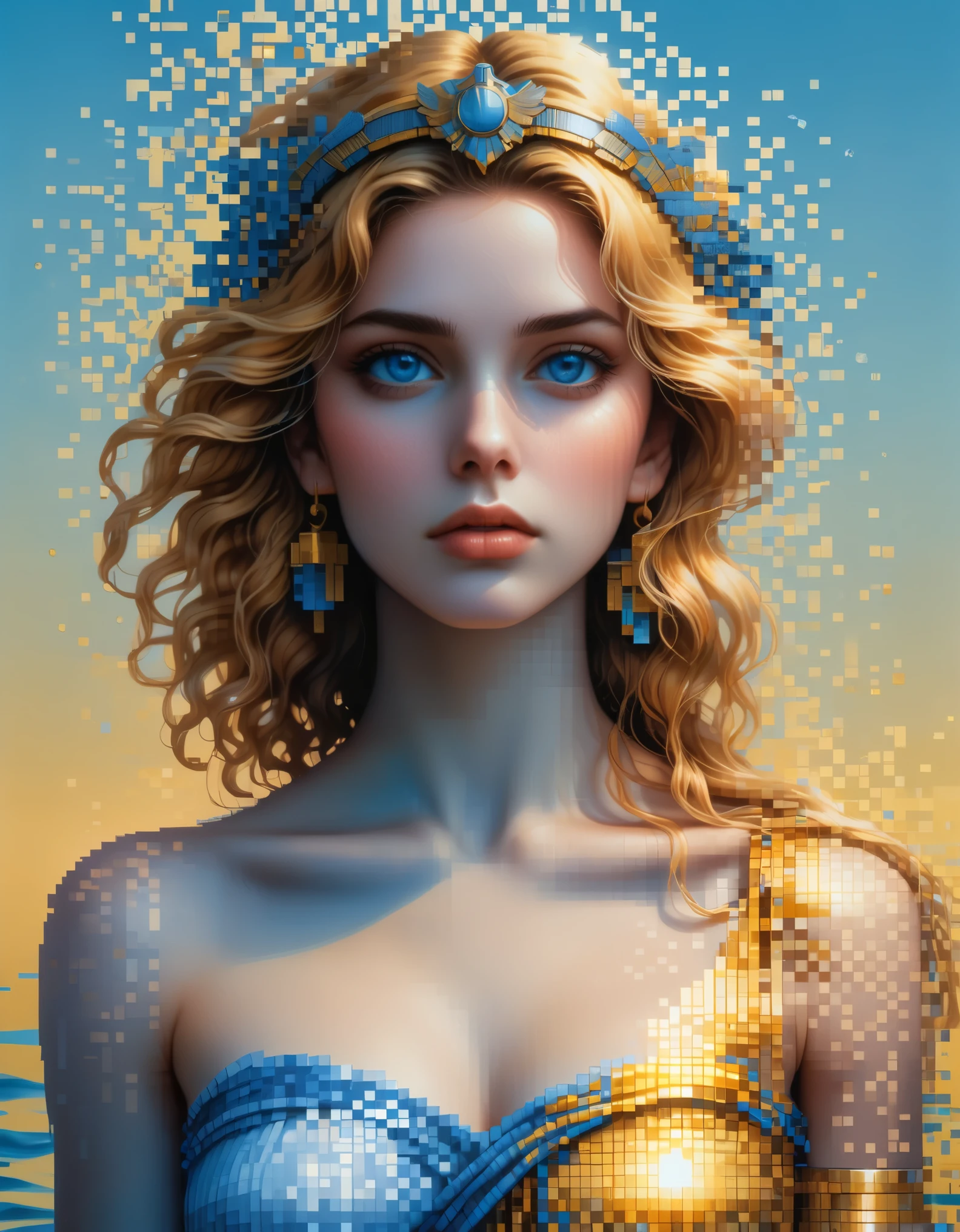 pixel art,in style of Apollonia Saintclair, beautiful details，Beautiful goddess Athena in a blue gradient color of dissolved pixels，（whole body），Extraordinarily beautiful blue eyes，gradually decompose，Golden sunshine shines in，Partial reflection in water，