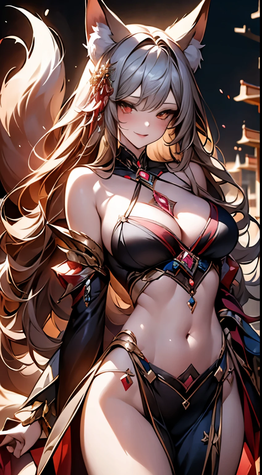 (masterpiece、highest quality、highest quality、official art、beautiful beautiful:1.2)、(1 girl)、very detailed、(fractal art:1.3)、Colorful、best details, nine tailed fox, 9 White, black fox ears, Devil's Cat's Eye, A fox inspired by Japanese divinity, Transparent costumes of fantastic sky warriors, elaborately decorated with gold, Fantasy Japan Background, soft smile, super sexy, big breasts, anatomicaly, Slender wrists and big, defined hips, soft expression, laughter, long silver hair, Wave, facing the front, hair is spreading