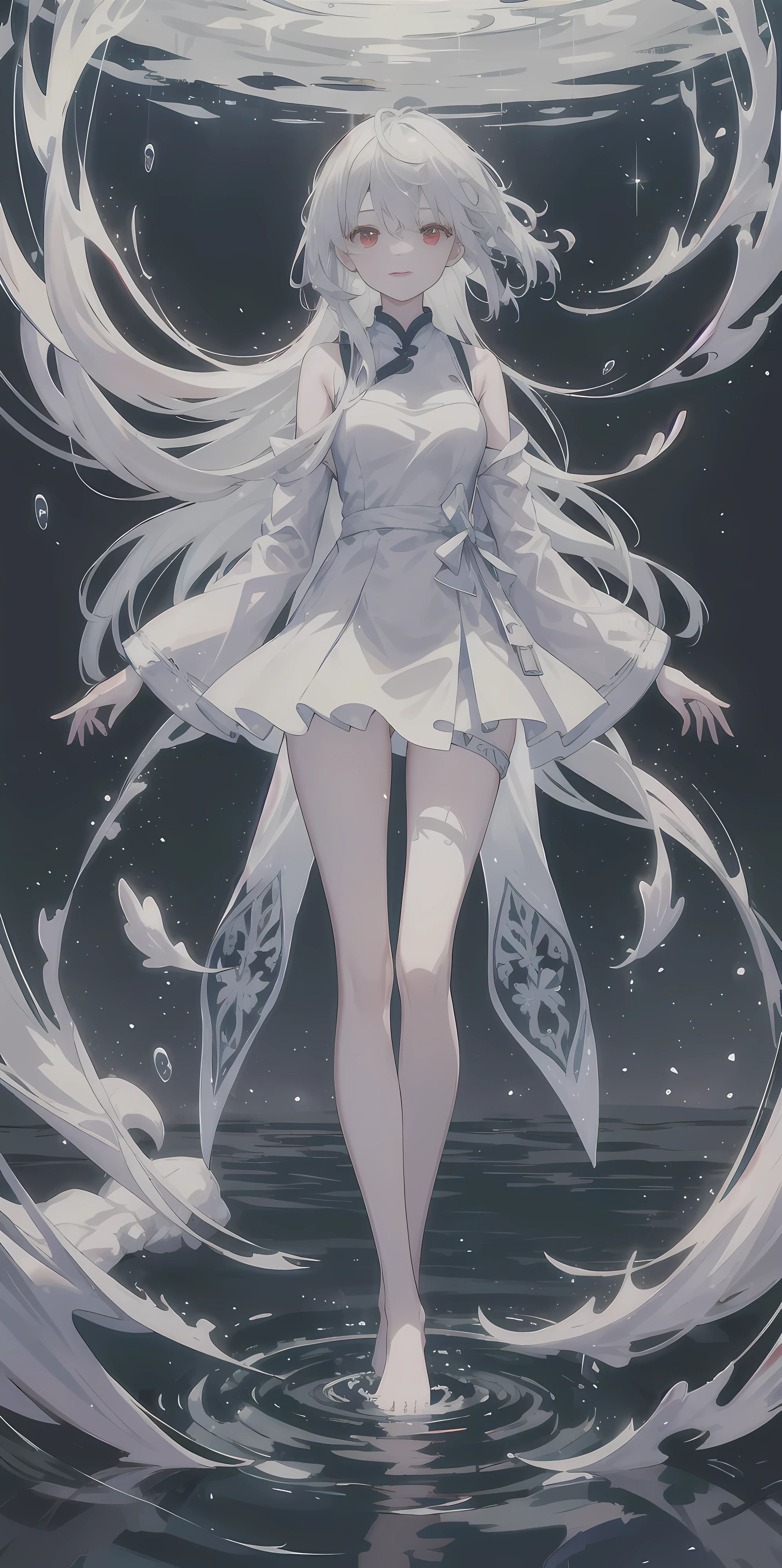 Ultra HD quality,8K,Dreamy beautiful moonlight in dark forest。View of a -yeld gifrom above。(Wet messy silver hair and red eyes)。smile slightly。She only wore a long transparent white cloth,It has beautiful lace trim on it。Soak the cloth in water。(splashing in the dark forest lake at night)。(Hair or clothes are wet)。splash。Wet hair。Dripping water droplets。梦幻般的萤火虫在空中float、Light also reflects from water。near method and far method。glitter effects。Dynamic composition with depth。extremely high quality、high level of image quality、extremely refined。Rare workmanship,round,Room, Strong breasts),barefoot,float,water surface,(long legs,long legs,long legs,Gestalt),full-body shot。standing posture