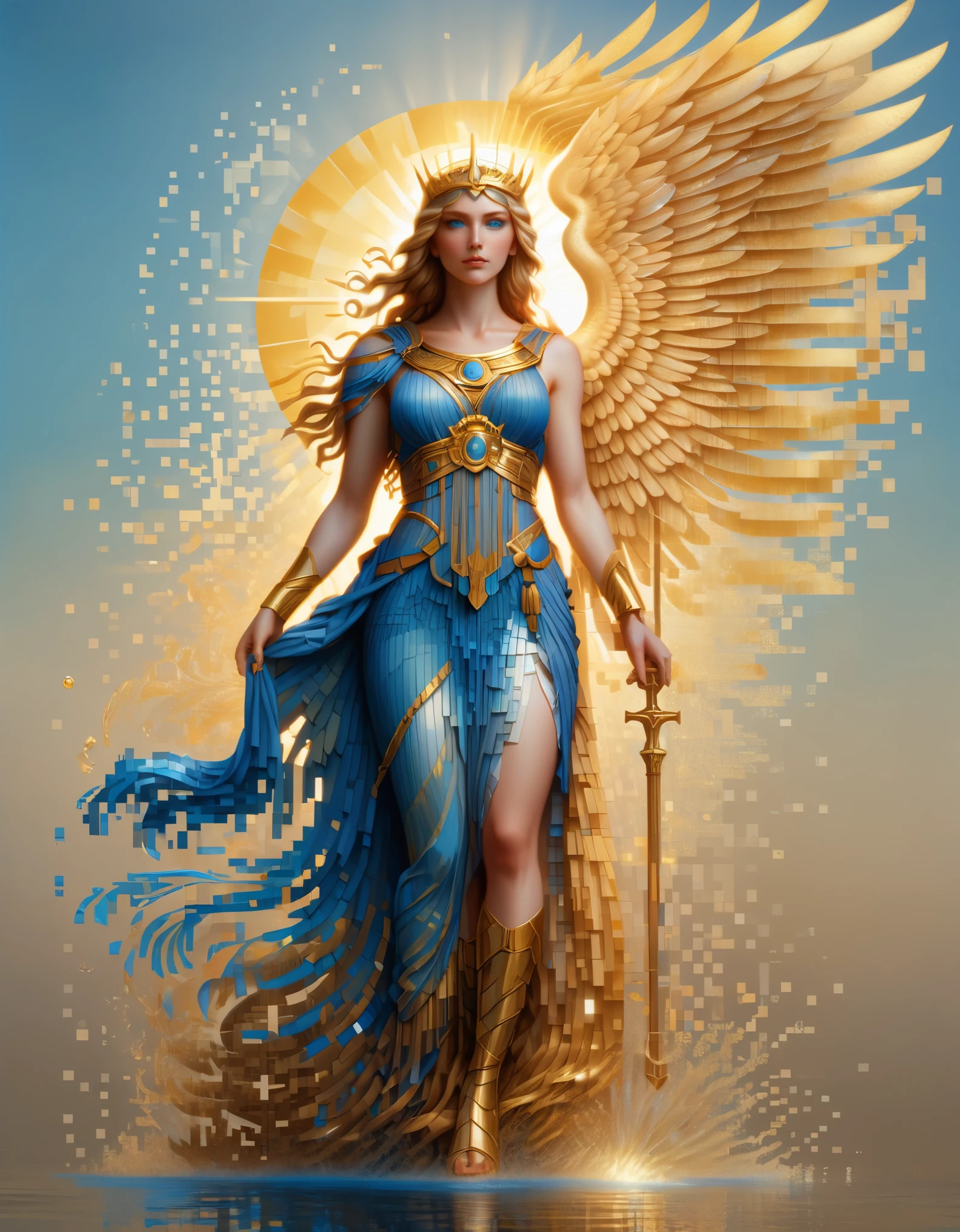 pixel art，in style of Amanda Sage, beautiful details，Beautiful goddess Athena in a blue gradient color of dissolved pixels，（whole body），Extraordinarily beautiful blue eyes，gradually decompose，Golden sunshine shines in，Partial reflection in water，