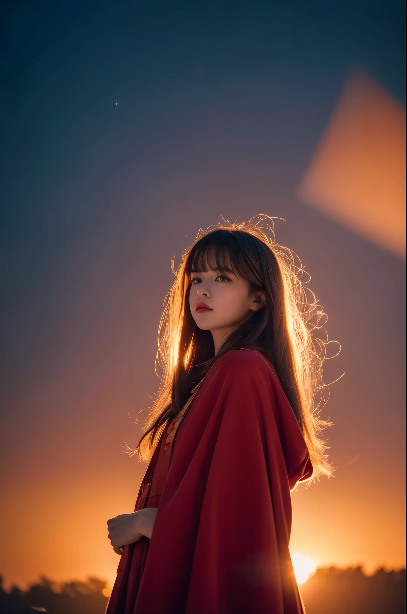 RAW photo, full sharp, (Full HD epic wallpaper) 8K UHD, Digital SLR, Soft lighting, High quality, filmgrain, Fujifilm XT3, hiqcgbody, (1 person, Kizi:1.2),portraiture, Broken glass effect, Vivid yellow flame, Ethereal sparks, vulnerable, Red eyes, Long gray hair,Storm,Fluttering hair, buzz cut, Style - Gravity magic, Portrait, Looking down, Solo, Half shot, Detailed background, Detailed face, Pale complexion,(( ta costume)), redcloak, Cape, Hood, malicious expression, The scarlet symbol rotates in the air,(Floating particles, Fire particles, particle fx), Skylight color scheme, red flames, the are In the background, Surrounded by a crimson mist, Sunset, symetrical composition, Epic atmosphere,
