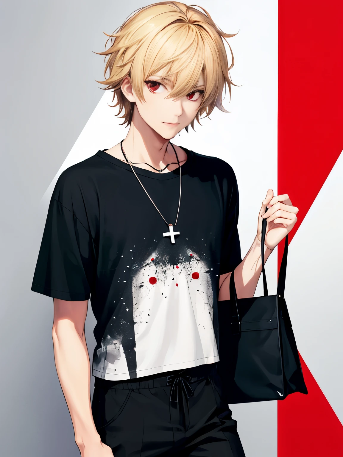 1 man,solo,20 years old,Walking,Holding a big black bag,half body photo,HD face,cross necklace,handsome,messy hair,Perfect face, detailed face, short hair, blonde hair,black t-shirt, Plain t-shirt,black t-shirt,short sleeve t-shirt,black trousers, Long pants,red eyes,bright red eyes, vampire