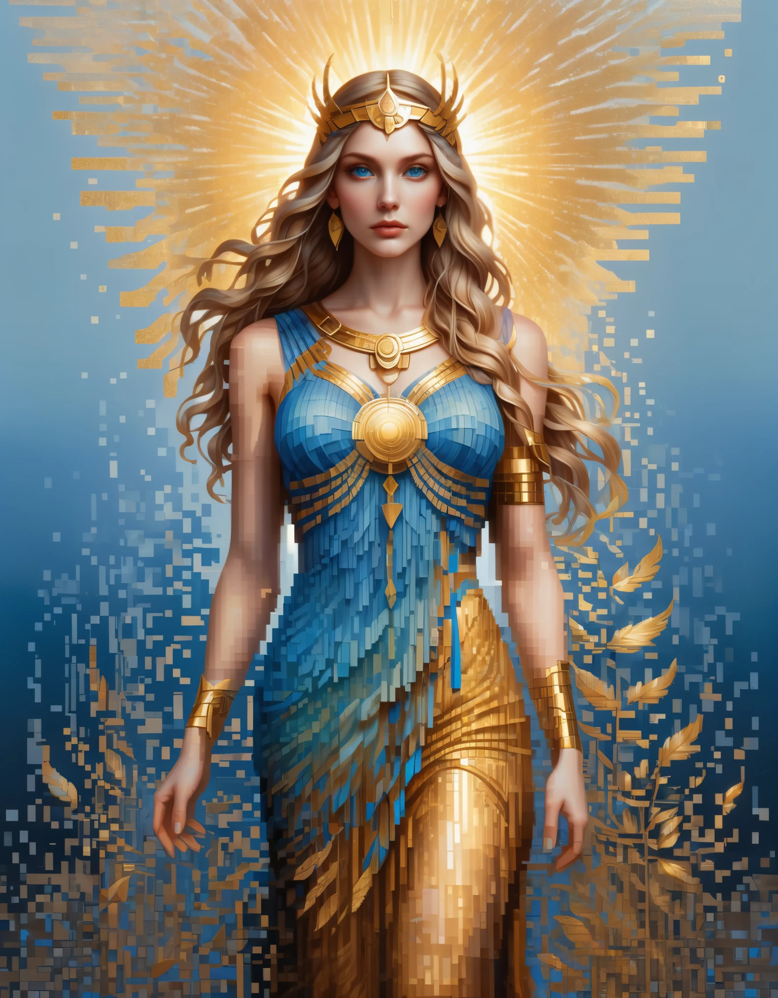 pixel art，in style of Amanda Sage, beautiful details，Beautiful goddess Athena in a blue gradient color of dissolved pixels，（whole body），Extraordinarily beautiful blue eyes，gradually decompose，Golden sunshine shines in，Partial reflection in water，