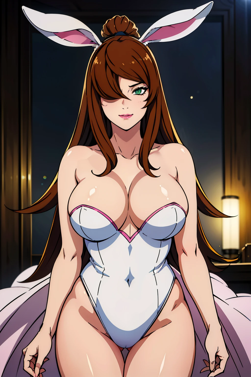 very tempting pose, (bunny suit), (bunny ear on head), bedroom background, mei terumi, oda non style, anime cels style, smiling, long hair, brown hair, (ponytail), green eyes, ((hair over one eye)), (pink lipstick), best quality, high resolution, (cowboy shot, 1 girl, 30yo,Young female,Beautiful Finger,Beautiful long legs,Beautiful body, Beautiful Nose,Beautiful character design, perfect eyes, perfect face,expressive eyes, perfect balance, looking at viewer,(Focus on her face), official art,extremely detailed CG unity 8k wallpaper, perfect lighting,Colorful, Bright_Front_face_Lighting,White skin, (masterpiece:1.0),(best_quality:1.0), ultra high res,4K,ultra-detailed, photography, 8K, HDR, highres, absurdres:1.2, Kodak portra 400, film grain, blurry background, bokeh:1.2, lens flare, (vibrant_color:1.2),professional photograph, (Beautiful,large_Breasts:1.4), (beautiful_face:1.5),(narrow_waist)
