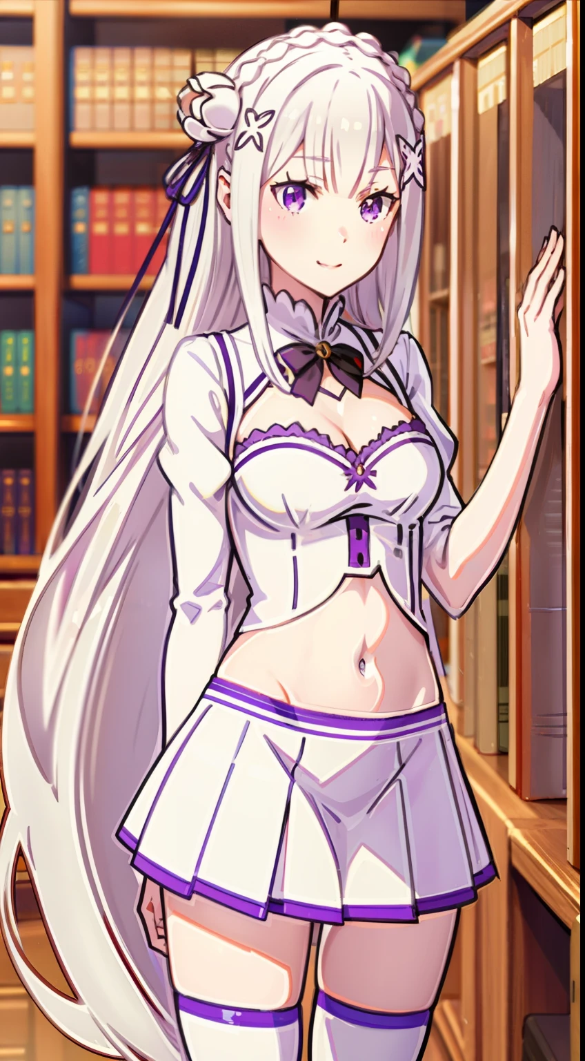 Emilia re:zero, purple eyes, Emilia, crown braid, x hair ornament, flower hair ornament, white hair, very long hair, medium breasts,, slim legs, happy, cleavage, short skirt, navel, school uniform, thigh high socks, standing, library