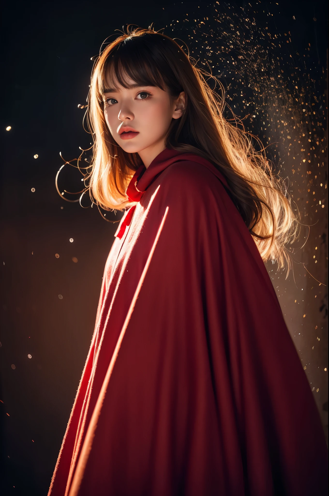 RAW photo, full sharp, (Full HD epic wallpaper) 8K UHD, Digital SLR, Soft lighting, High quality, filmgrain, Fujifilm XT3, hiqcgbody, (1 person, Kizi:1.2),portraiture, Broken glass effect, Vivid yellow flame, Ethereal sparks, vulnerable, Red eyes, Long gray hair,Storm,Fluttering hair, buzz cut, Style - Gravity magic, Portrait, Looking down, Solo, Half shot, Detailed background, Detailed face, Pale complexion,(( Lolita costume)), redcloak, Cape, Hood, malicious expression, The scarlet symbol rotates in the air,(Floating particles, Fire particles, particle fx), Skylight color scheme, red flames, the are In the background, Surrounded by a crimson mist, Sunset, symetrical composition, Epic atmosphere,
