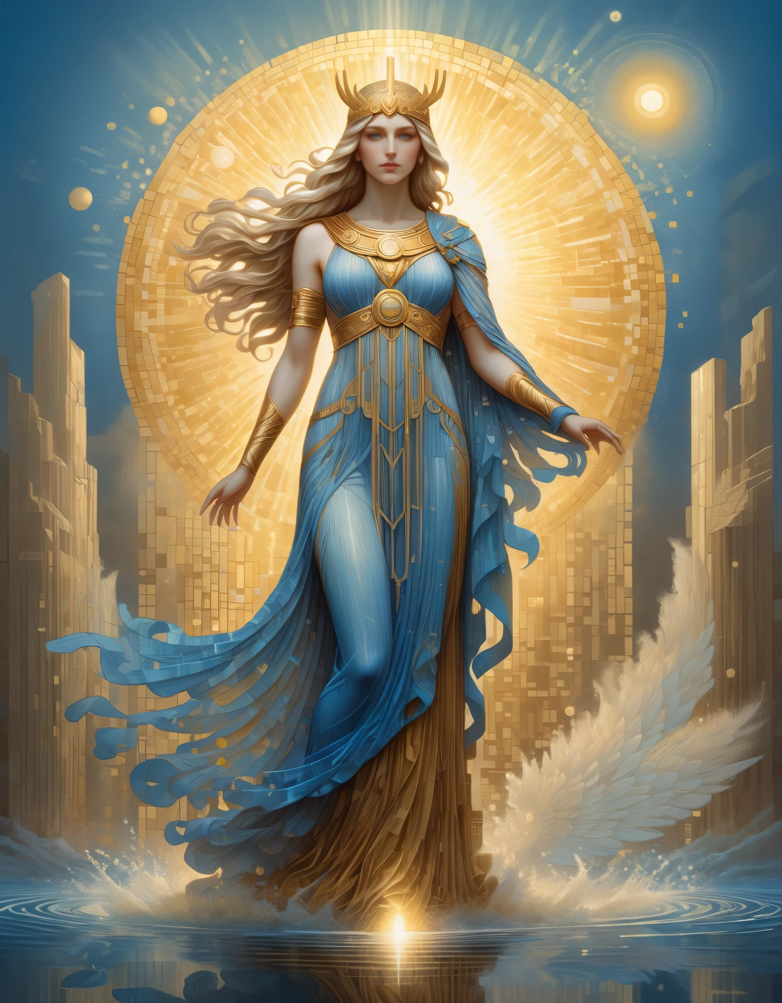 pixel art，in style of Amanda Sage, in style of Alfred Kubin, beautiful details，Beautiful goddess Athena in a blue gradient color of dissolved pixels，（whole body），Extraordinarily beautiful blue eyes，gradually decompose，Golden sunshine shines in，Partial reflection in water，