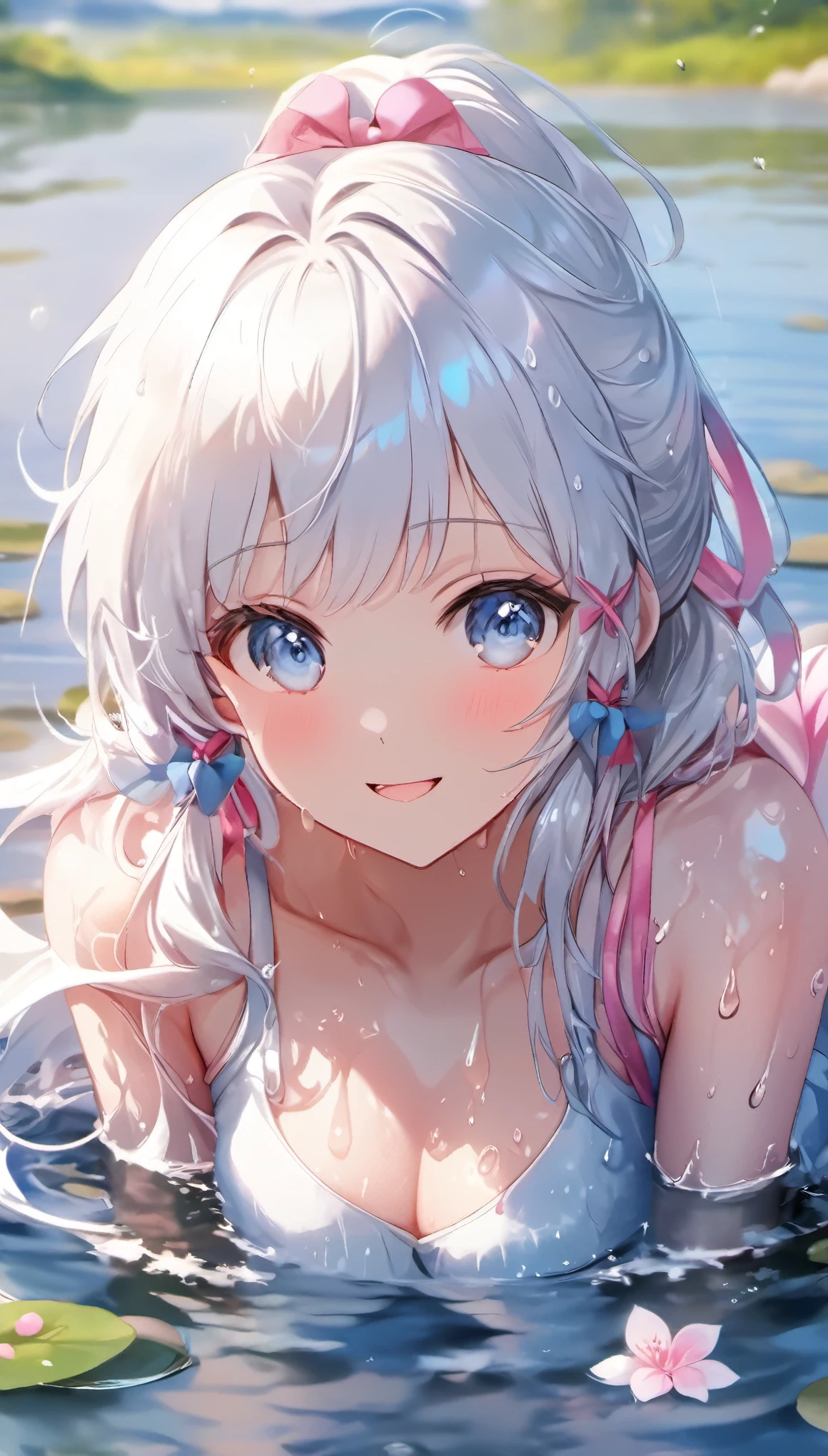 ayaka, Wet, soaking, (Best quality,4K,8K,A high resolution,tmasterpiece:1.2),ultra - detailed,(actual,realistically,realistically:1.37), White hair, huge booolossal title blue eyes, in pink，dampness，Sitting on a rock by the lake，facing at the camera， water dripping, glistning skin，Covered in sweat，There is an unknown  on the body，Happy smile, moderate breast, school uniform 