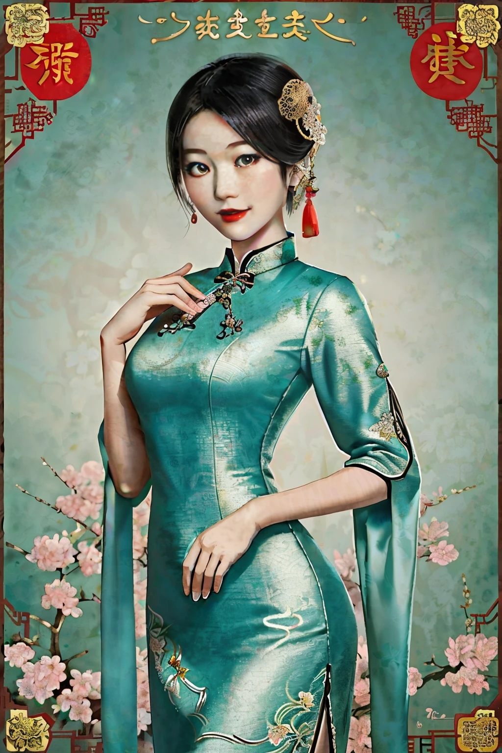 Beautiful Chinese lady, dressed in a vintage 1920s Cheongsam, exudes an alluring and captivating aura, reminiscent of classic China propaganda posters. The retro vibes are accentuated by the use of vintage colors and an old paper texture effect, adding a nostalgic and timeless charm to the image. The distressed texture enhances the antique feel, bringing a sense of history and tradition to the forefront.
The elegant Cheongsam flows gracefully around her slender figure, accentuating her delicate curves and feminine charm. Her intricately designed outfit showcases the intricacy and detail that characterized the era. The colors used are muted and
