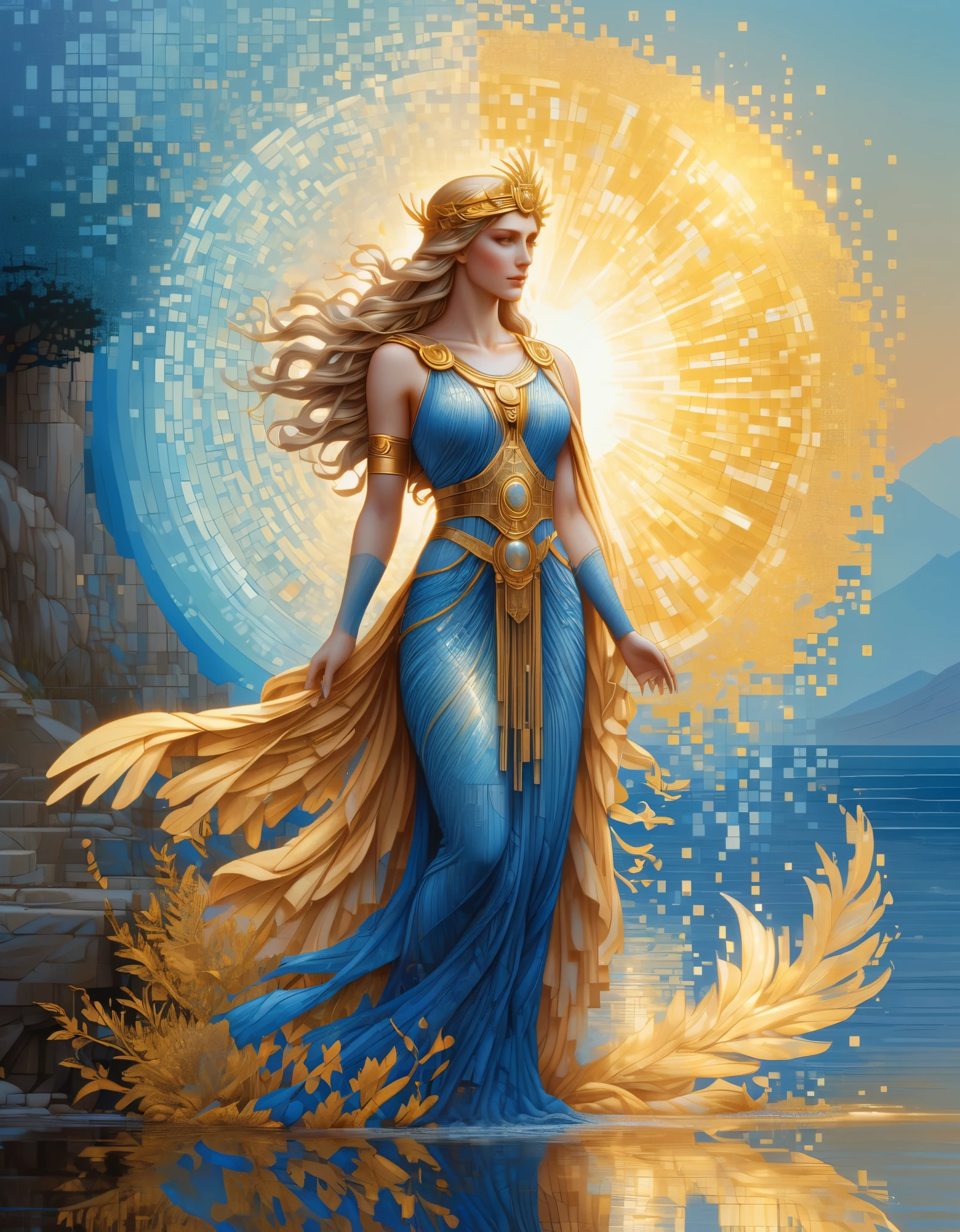 pixel art，in style of Amanda Sage, beautiful details，Beautiful goddess Athena in a blue gradient color of dissolved pixels，（whole body），Extraordinarily beautiful blue eyes，gradually decompose，Golden sunshine shines in，Partial reflection in water，