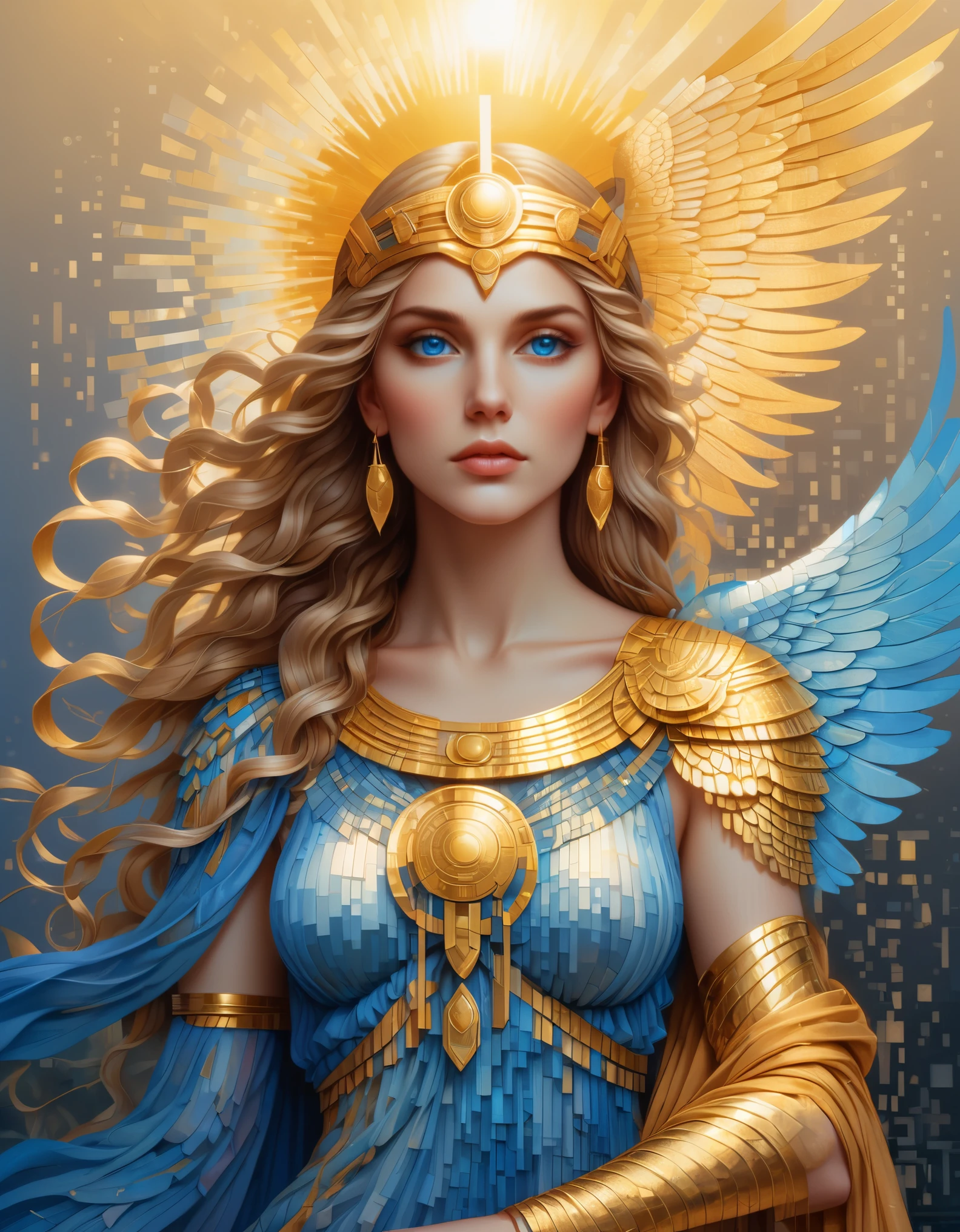 pixel art，in style of Amanda Sage, beautiful details，Beautiful goddess Athena in a blue gradient color of dissolved pixels，（whole body），Extraordinarily beautiful blue eyes，gradually decompose，Golden sunshine shines in，Partial reflection in water，