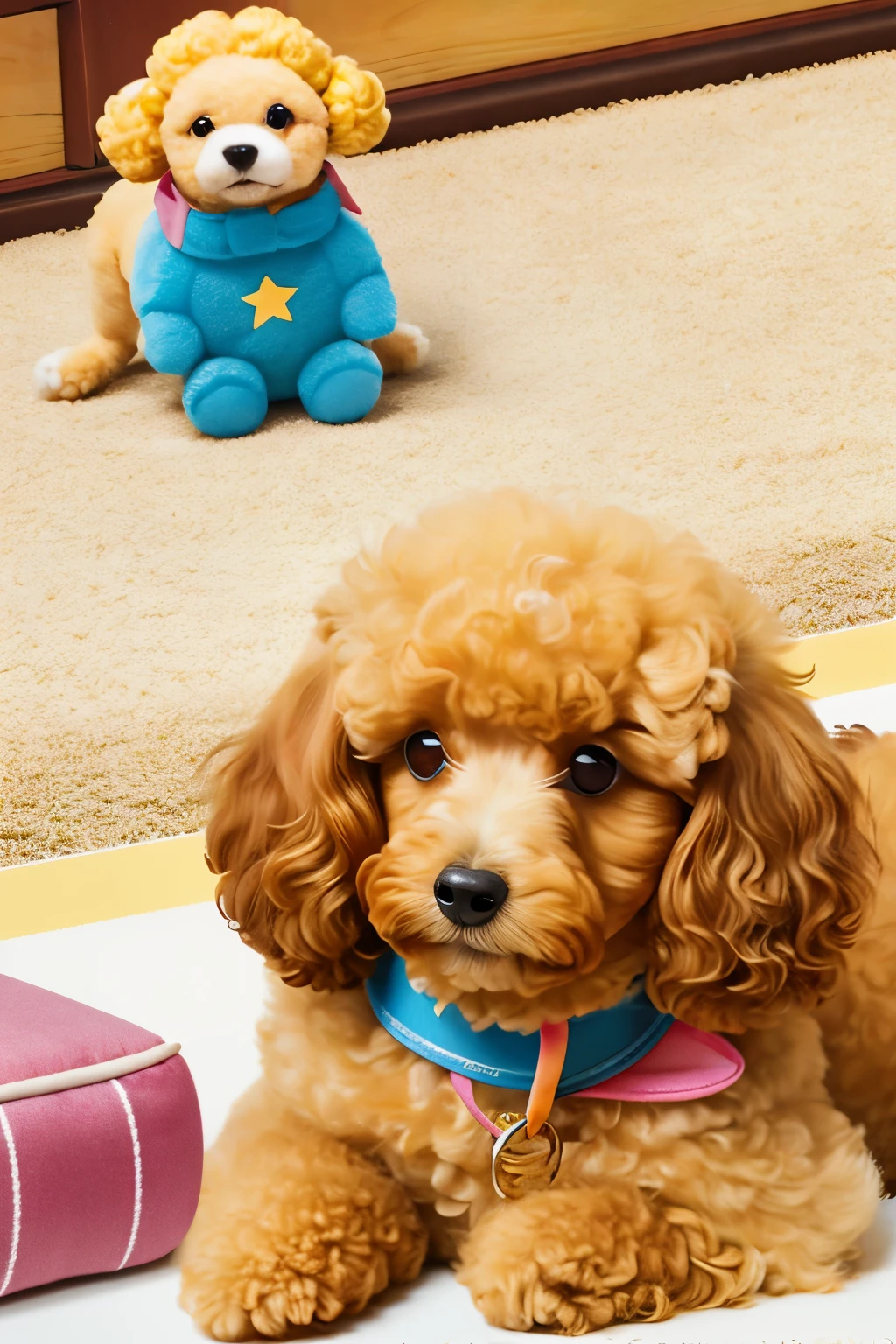 A toy poodle with an apricot-colored dog written in a picture book style.