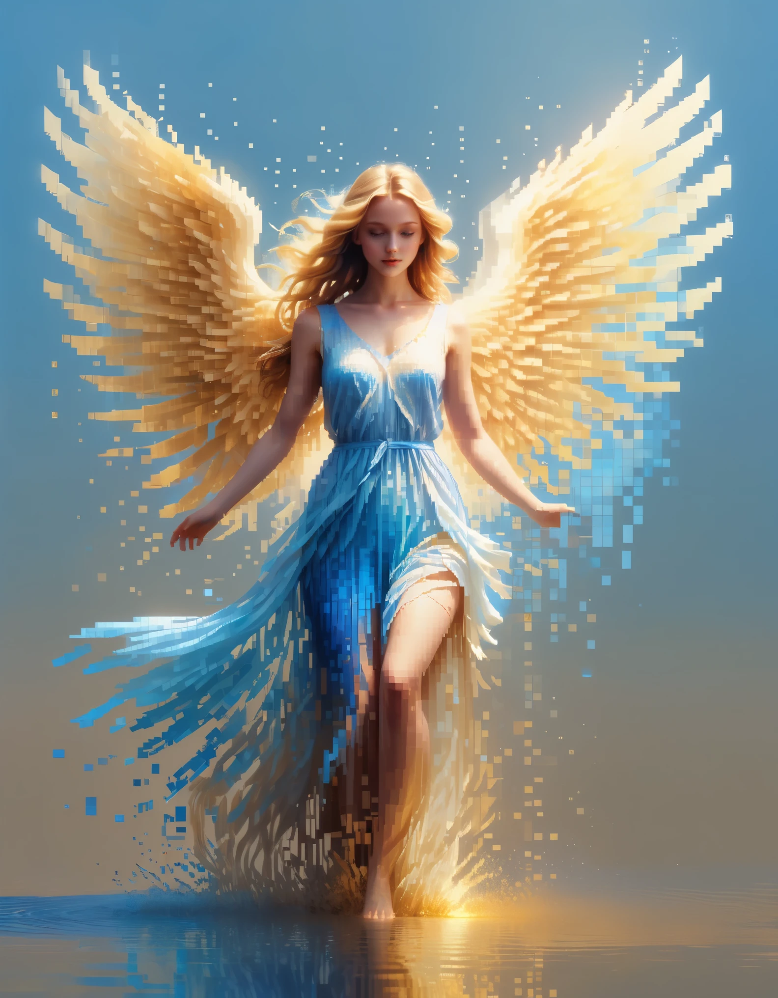 pixel art,Beautiful angel girl dancing in a blue gradient color of dissolved pixels,flying,(whole body),Extraordinarily beautiful blue eyes,gradually decompose,Golden sunshine shines in,Partial reflection in water,