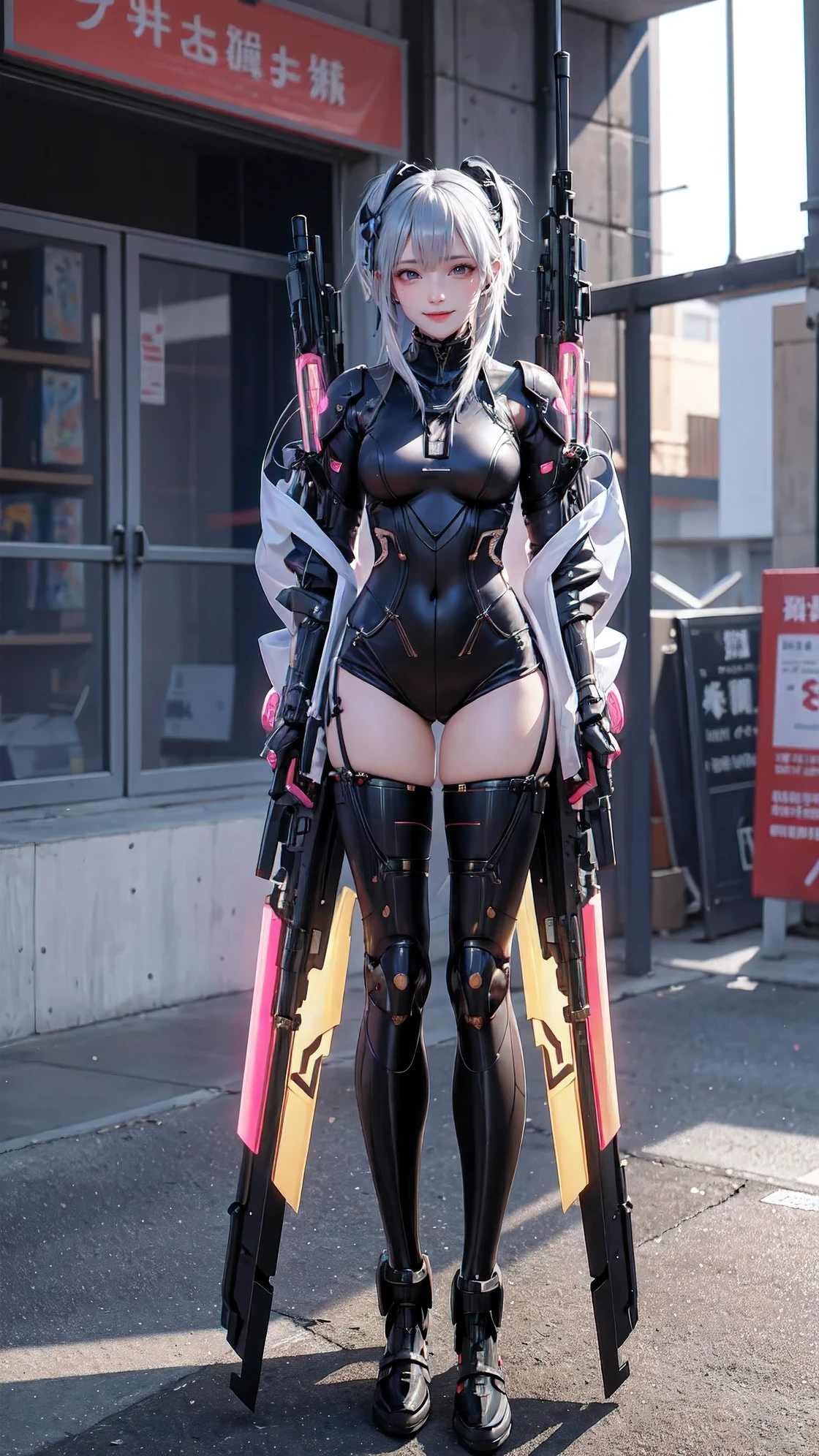 Cyberpunk Female Idol、、large full breasts、beautiful foot、、Cyberpunk Silver Armor、Good Style、、Silver Shorts、、Blackknee Socks、
