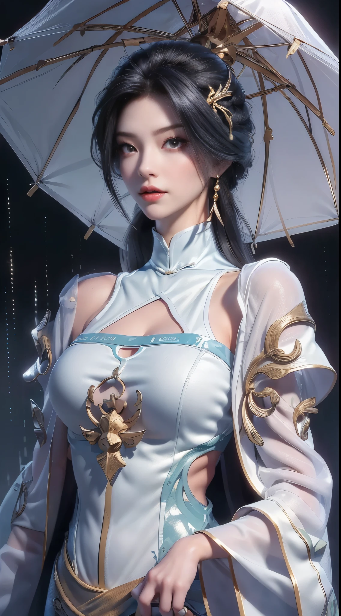 ((best qualtiy, 8k, tmasterpiece:1.3)), Focus:1.2, perfect figure beautiful woman:1.4, Cocked buttocks:1.2, ((Cut hair in layers, Beautiful breasts:1.2)), (wetclothes:1.1) , (Rain, Street:1.3), Bandeau Dress:1.1, Highly detailed facial and skin texture, detailed eyes, double eyelid，Whiten skin，long whitr hair,(Keep one's mouth shut:1.3)，ssmile，With an umbrella