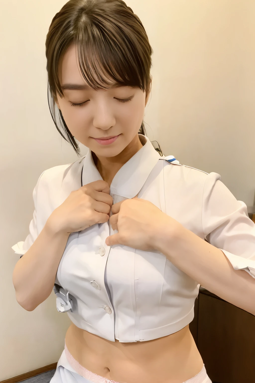 ((live-action)), (1 girl), masterpiece, highest quality, ultra-realistic capture, very detailed, high resolution 16k, nurse, (perfect anatomy, perfect body, perfect hands, perfect fingers), After the night shift, Change clothes in the changing room, nurseの制服を脱ぐ, (((Upper body is nursing uniform,:1.5, The lower body is panties:1.5)))