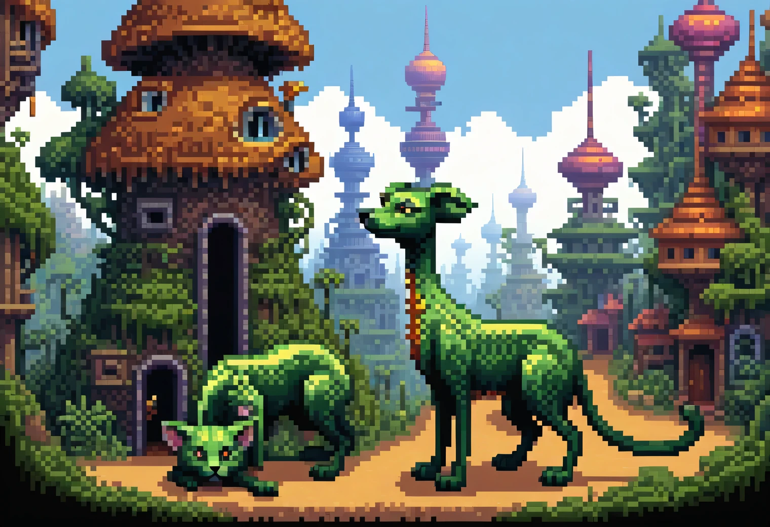 Pixel painting in the style of artist Tomasz Setovsky., the painting depicts two long-necked animals, similar to cats and dogs, animals sit surrounded by strange, incomprehensible buildings, woven into a single architectural ensemble and seem to surround sitting long-necked creatures, similar to cats and dogs, combination of Tomasz Setowski&#39;s style and pixel art, pixel art image, 8 bit colors