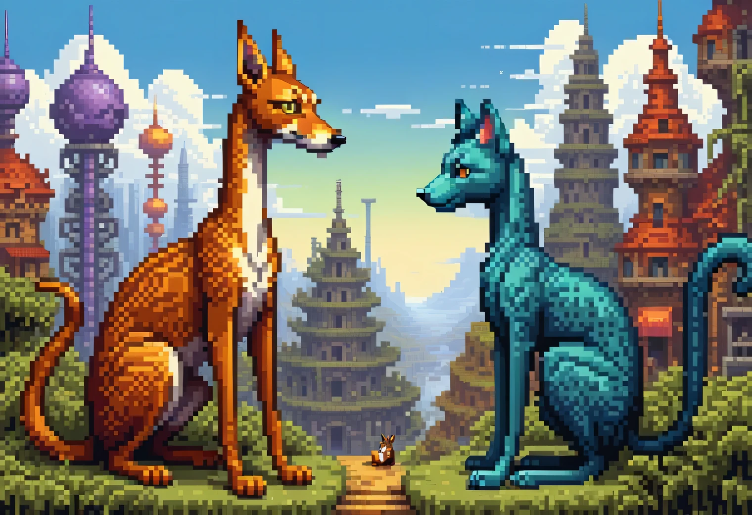 Pixel painting in the style of artist Tomasz Setovsky., the painting depicts two long-necked animals, similar to cats and dogs, animals sit surrounded by strange, incomprehensible buildings, woven into a single architectural ensemble and seem to surround sitting long-necked creatures, similar to cats and dogs, combination of Tomasz Setowski&#39;s style and pixel art, pixel art image, 8 bit colors