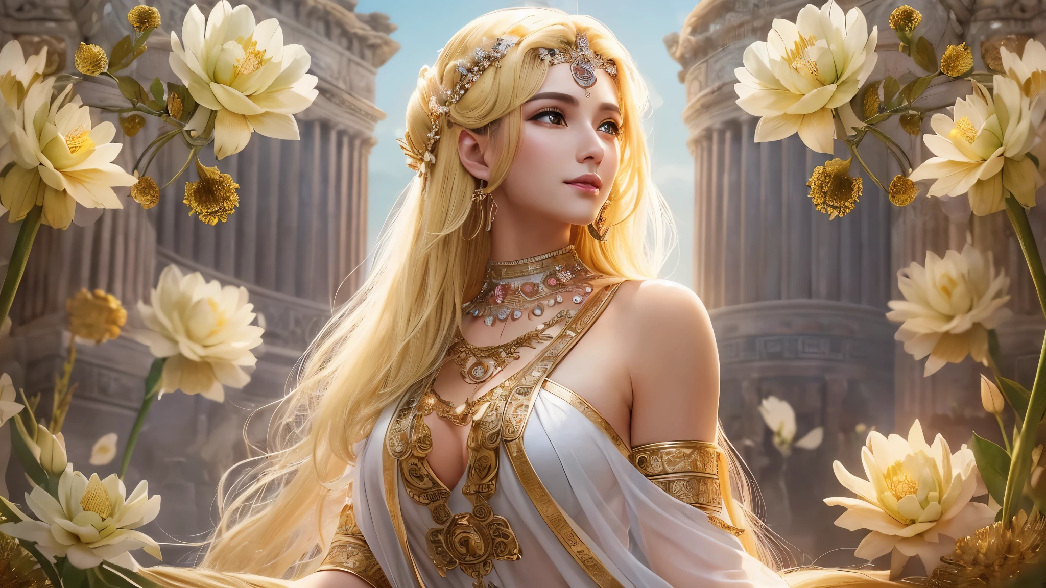 ((highest quality)),(ultra high resolution),(Super detailed),(detailed description),((best CG)),(best work of art),super precision art,amazing drawing art,(Fantasy art with precise details:1.5, (goddess of beauty:1.6),(beautiful and well-shaped face:1.6),(Meticulously detailed ancient Roman clothing:1.6),(flower hair ornament:1.6),(Gorgeous, carefully groomed blonde hair:1.7),big breasts:1.6,thin waist:1.4,Beautiful leg lines:1.3,smile:1.4, eternal spring flower garden:1.5,A gentle wind blows through:1.5,refreshing sunlight:1.3