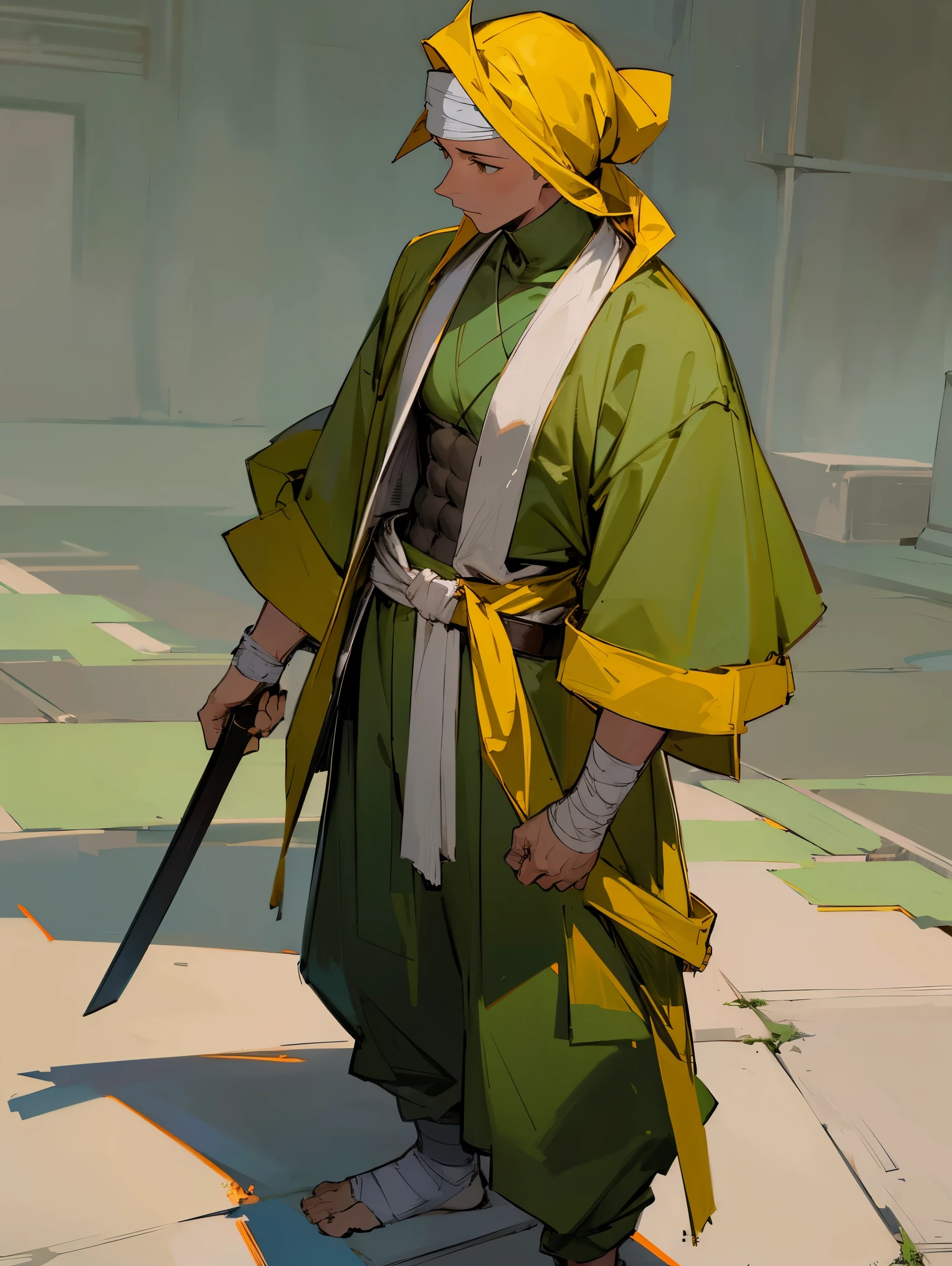1male , Yellow Turban , Dark Green Robes , Baggy Dark Green Pants , Calm Expression , Bandaged Wrists , Bandaged Hands , Martial Arts Clothing , , Muscular , Adult Male , Standing On Sidewalk , Modern City Background , Bald Head