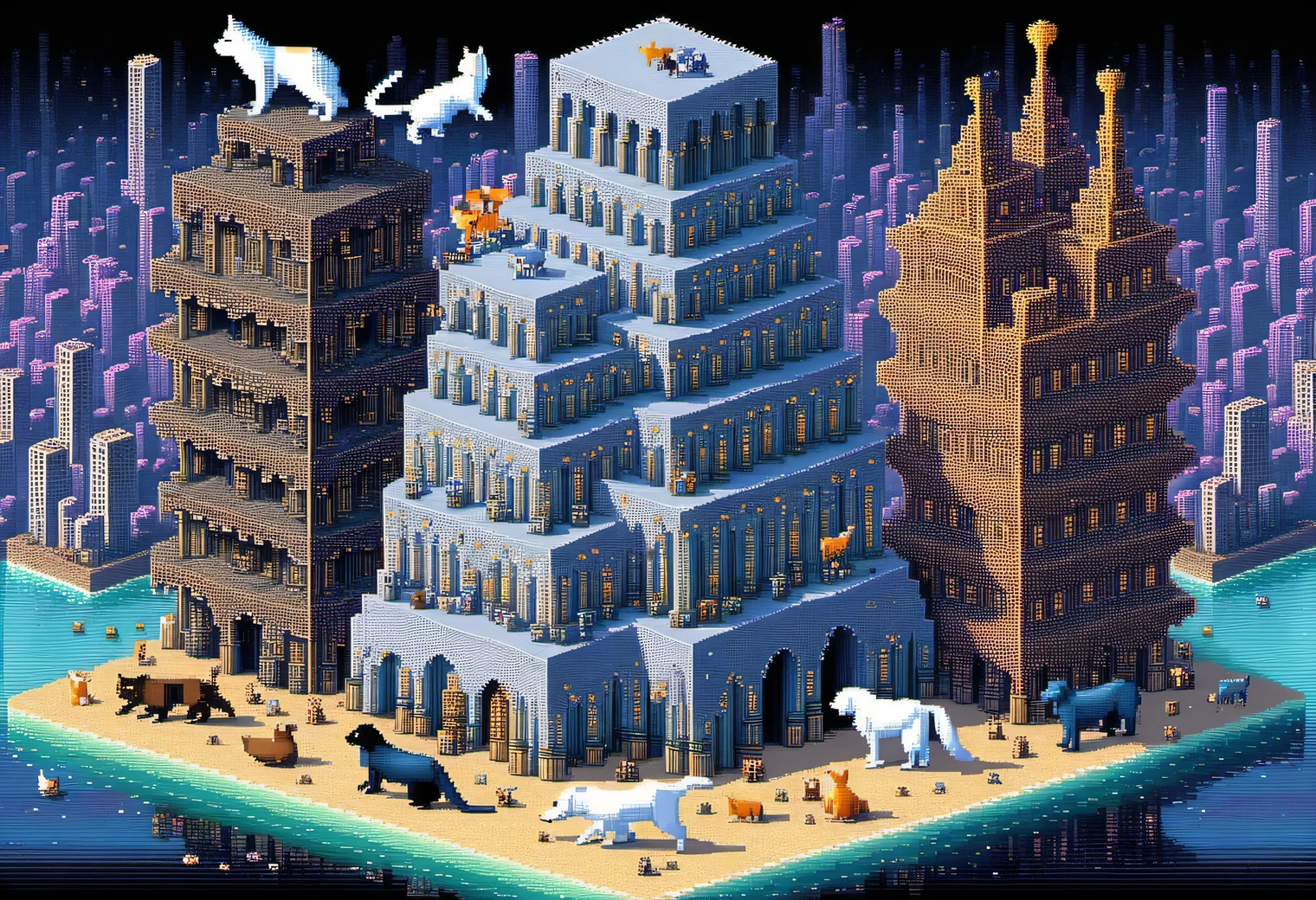 Pixel painting in the style of artist Tomasz Setovsky., the painting depicts two long-necked animals, similar to cats and dogs, animals sit surrounded by strange, incomprehensible buildings, woven into a single architectural ensemble and seem to surround sitting long-necked creatures, similar to cats and dogs, combination of Tomasz Setowski's style and pixel art, pixel art image, 8 bit colors