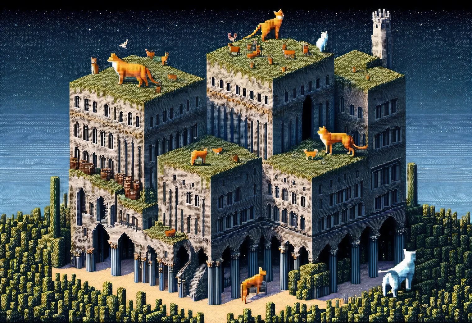 Pixel painting in the style of artist Tomasz Setovsky., the painting depicts two long-necked animals, similar to cats and dogs, animals sit surrounded by strange, incomprehensible buildings, woven into a single architectural ensemble and seem to surround sitting long-necked creatures, similar to cats and dogs, combination of Tomasz Setowski&#39;s style and pixel art, pixel art image, 8 bit colors