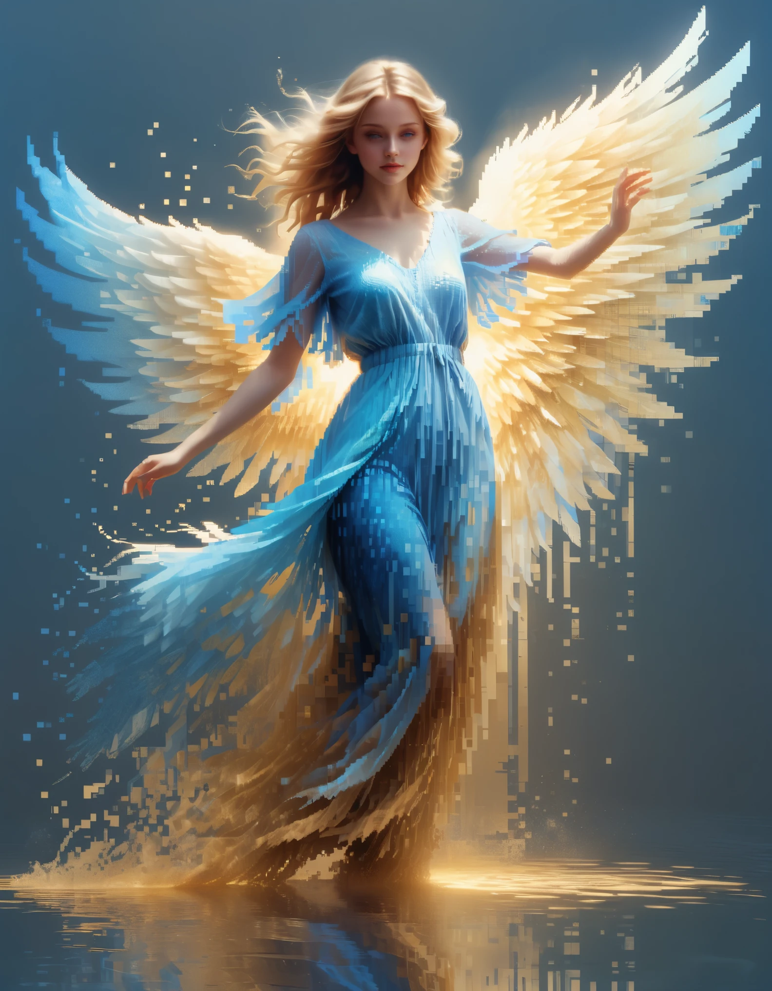 pixel art，Beautiful angel girl dancing in a blue gradient color of dissolved pixels，flying，（whole body），Extraordinarily beautiful blue eyes，gradually decompose，Golden sunshine shines in，Partial reflection in water，