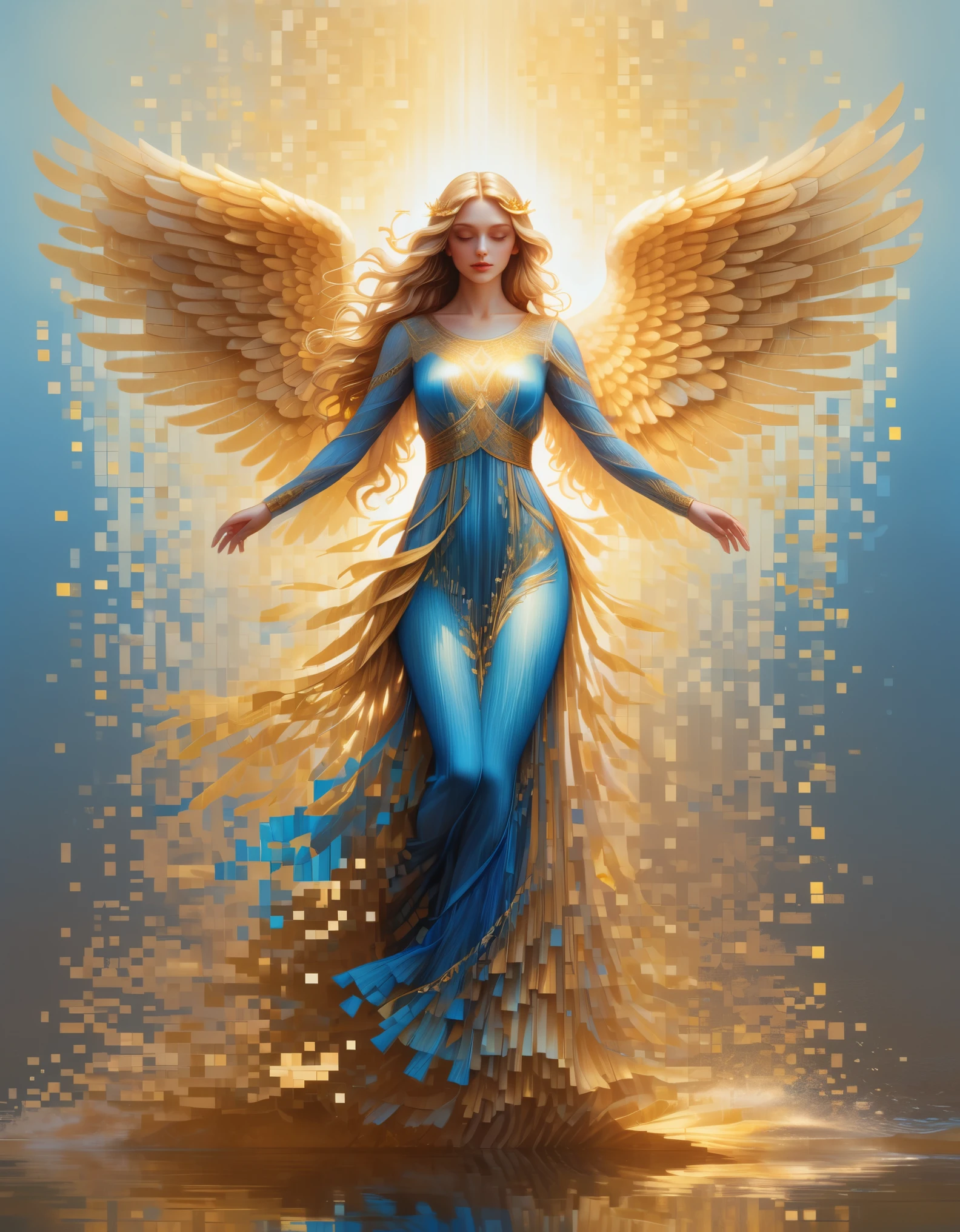 (best quality,4k,8k,highres,masterpiece:1.2),ultra-detailed,(realistic,photorealistic,photo-realistic:1.37), pixel art, woman's portrait, extra long hair，beautiful detailed face, vibrant blue gradient, dissolve effect, intact structure gradually decomposing in mid-air, sunlight streaming through partially hollowed-out sections, holographic cosmic space background