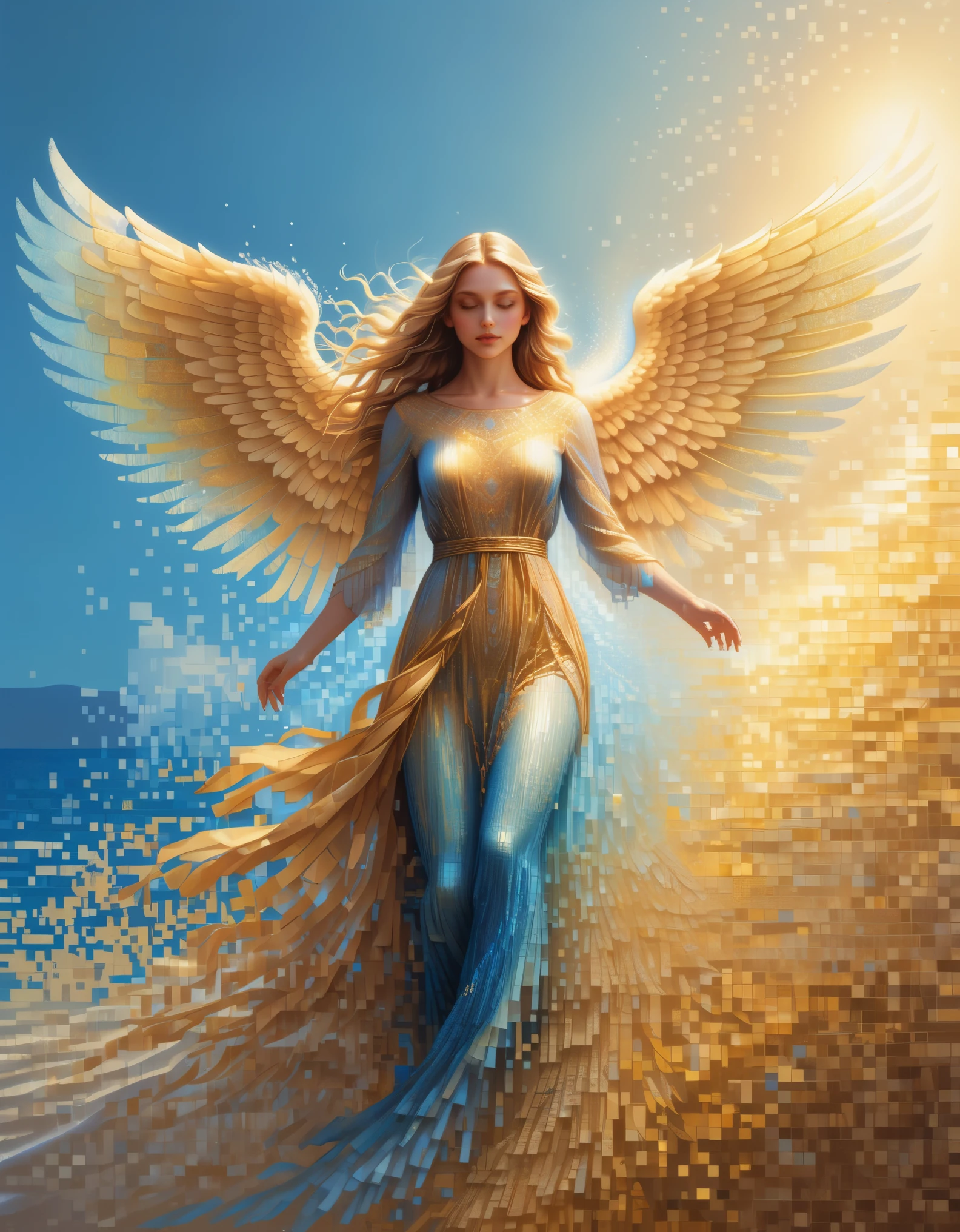 pixel art，in style of Amanda Sage, beautiful details，A beautiful angel girl flying in the air in a blue gradient color of dissolved pixels，（whole body），Extraordinarily beautiful blue eyes，gradually decompose，Golden sunshine shines in，Partial reflection in water，