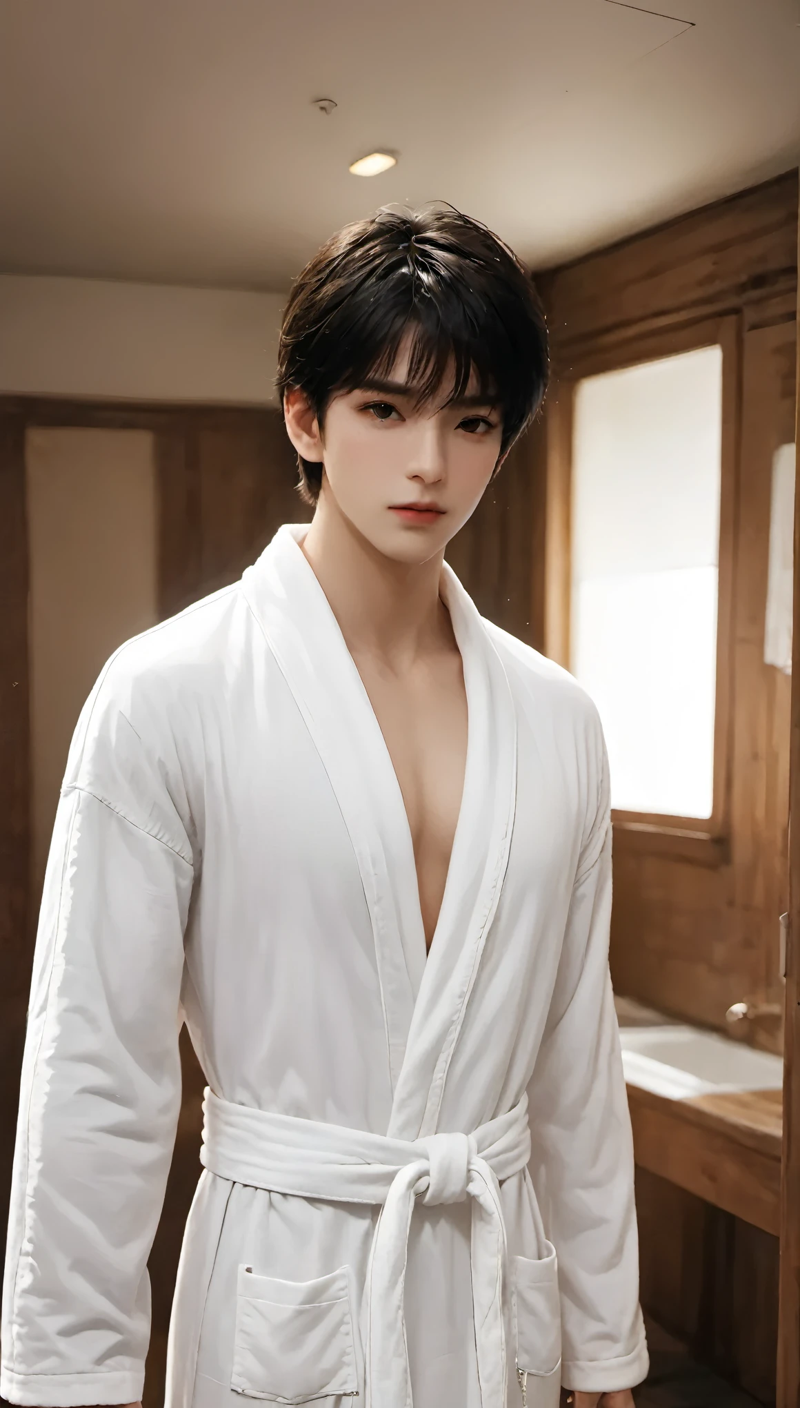 (masterpiece, best quality:1.2),1boy,black hair,brown eyes,lips,long sleeves,looking at viewer,Four or six parts of hair,standing,indoor,Short hair,White bathrobe,realistic,solo,standing,wide sleeves,wooden floor