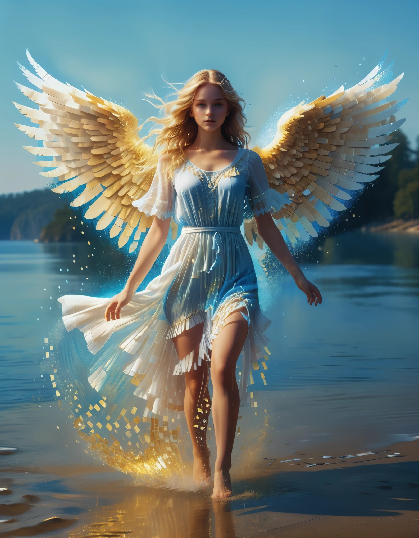 pixel art，far point art，A beautiful angel girl flying in the air in a blue gradient color of dissolved pixels，（whole body），Extraordinarily beautiful blue eyes，gradually decompose，Golden sunshine shines in，Partial reflection in water，