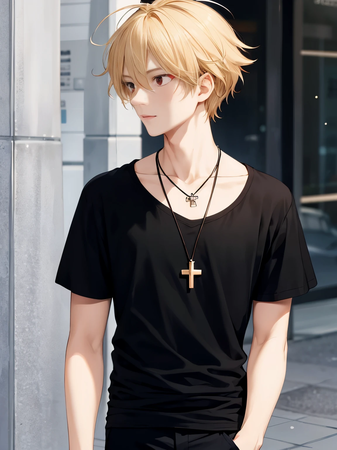 1 man,solo,20 years old,Walking,looking away,looking away,talking,half body photo,HD face,cross necklace,handsome,messy hair,Perfect face, detailed face, short hair, blonde hair,black t-shirt, Plain t-shirt,black t-shirt,short sleeve t-shirt,black trousers, Long pants,red eyes,bright red eyes, vampire