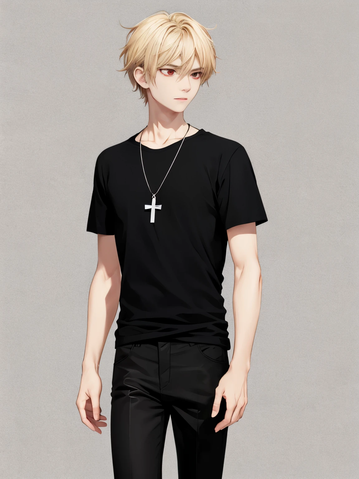 1 man,solo,20 years old,Walking,looking away,looking away,talking,half body photo,HD face,cross necklace,handsome,messy hair,Perfect face, detailed face, short hair, blonde hair,black t-shirt, Plain t-shirt,black t-shirt,short sleeve t-shirt,black trousers, Long pants,red eyes,bright red eyes, vampire