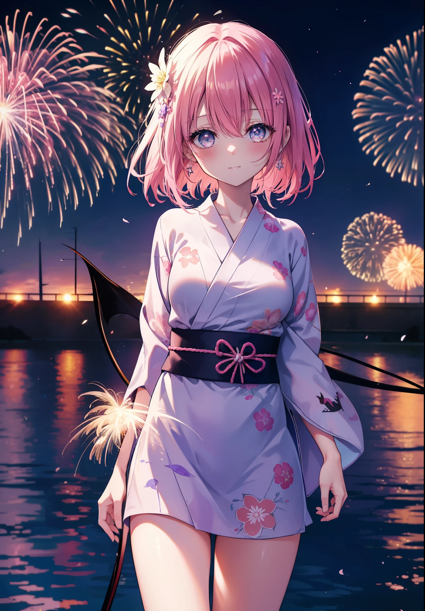 Momodel Luke, Momo model building rook, demon tail, hair flower, hair ornaments, (purple eyes:1.1), blush,smile,happy atmosphere,pink hair, long hair, tail,pink gorgeous yukata,Zori sandals,fireworks in the night sky、rise rapidly,The place is a fireworks display,Time is night,sunny day,全身がイラストに入るように
break demon tail,
break outdoors,
break looking at viewer, (cowboy shot:1.5),
break (masterpiece:1.2), highest quality, High resolution, unity 8k wallpaper, (shape:0.8), (beautiful detailed eyes:1.6), extremely detailed face, perfect lighting, extremely detailed CG, (perfect hands, perfect ???????),