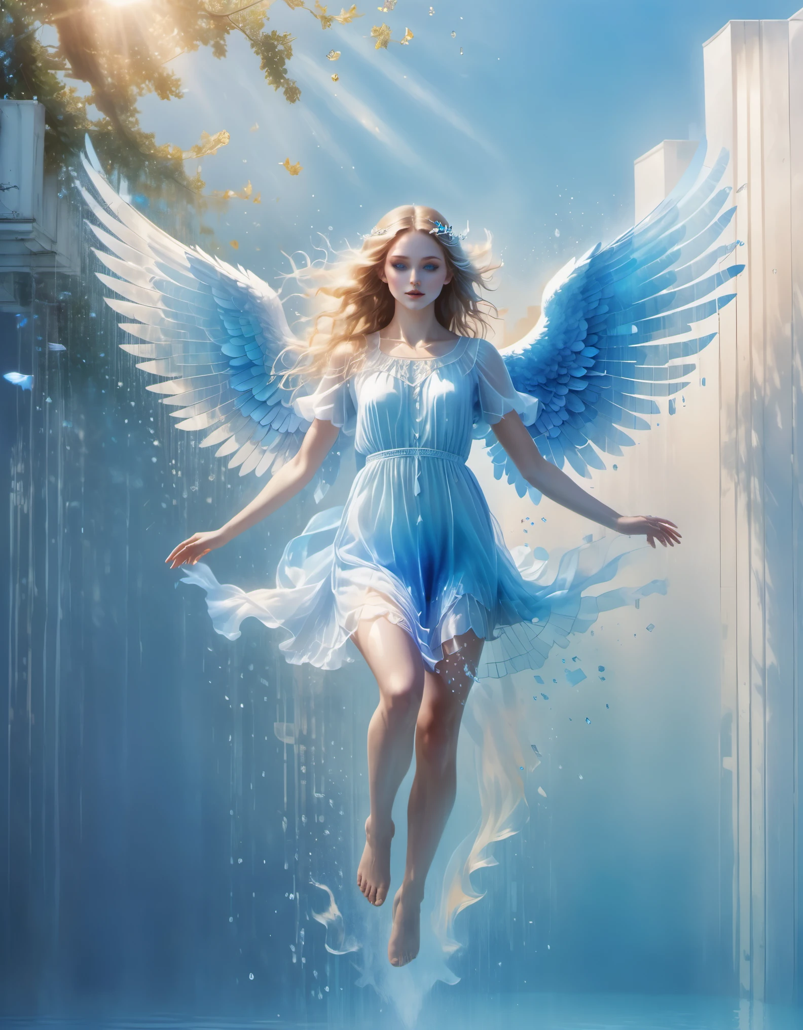 A beautiful angel girl flying in the air in a blue gradient color of dissolved pixels,(whole body),Extraordinarily beautiful blue eyes,gradually decompose,Sunlight spills in,Partial reflection in water,