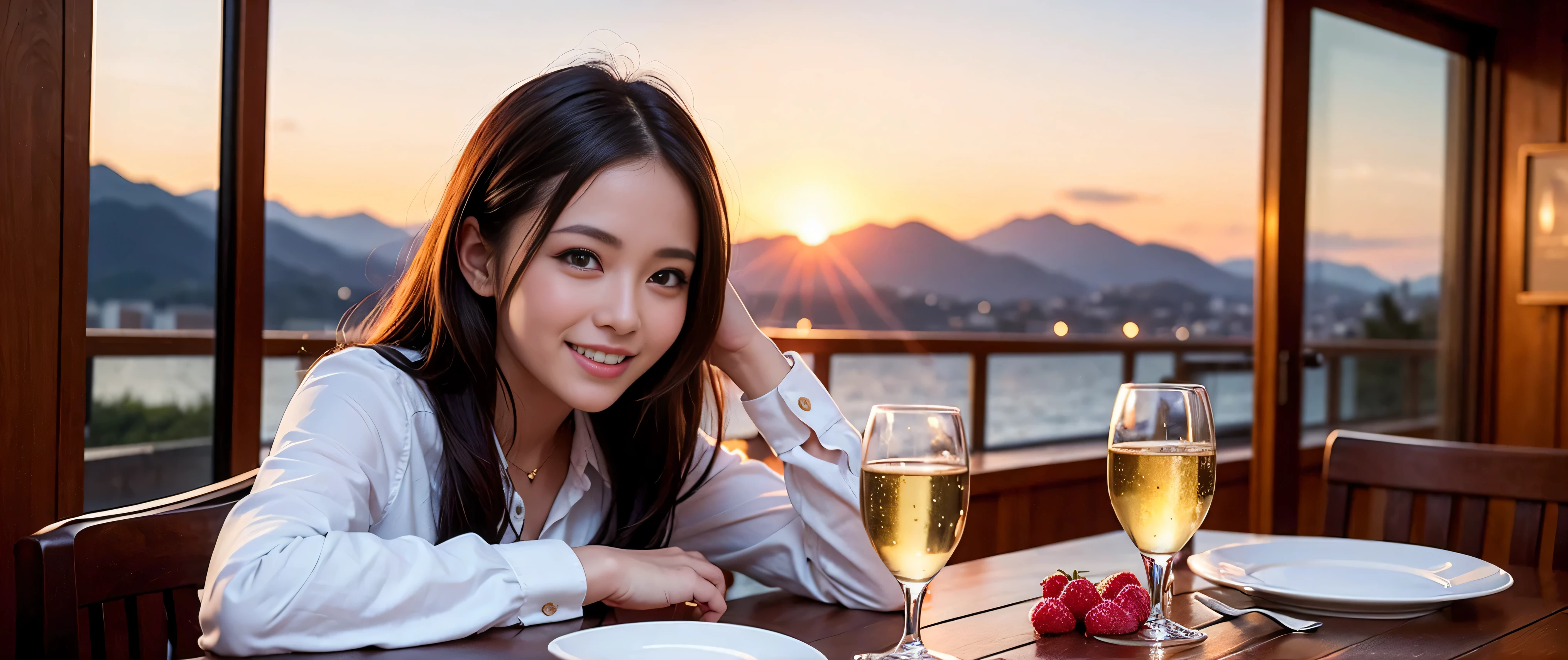 64k, Hmm, highest quality, masterpiece: 1.2), (realistic, photorealistic: 1.37), Spectacular view of the sunset sky and clouds、Amazing mountain views、3 slim beauties, (slim face),Happy、 the best smile、Fox face、Berry Short、(because I&#39;thin), (brown hair), (shortcut), long sleeve shirt、winter fashion、Colombian、Brazilian、Japanese、Dutch、German、Portuguese、Belgian、Italian、French,Champagne、sparkling wine、 (Squirting), (slim body), (brown hair), (shortcut), neat beauty、cheeks turn a little red, (44 years old), 38 years old, alone, A beautiful and detailed night view spreads out outside the window......, restaurant, wine glass is sitting, At night, in a prominent place (from the Upper body) nova frog style, actress, model, Upper body, White wine, slim, wine glass, Very beautiful night view, wine glass Put in the Middle, Happy smile, (smile: 1.15), 