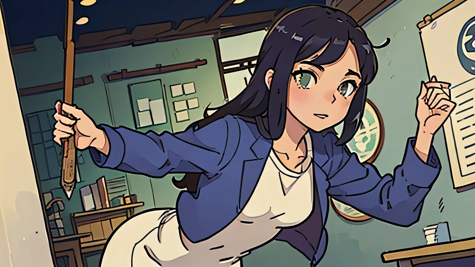 lo-fi,girl,beautiful,whole body、relax、thin、cropped jacket、work、looking in the wrong direction、studio ghibli style、1 person、figure of studying、adult woman、uniform、sexy
