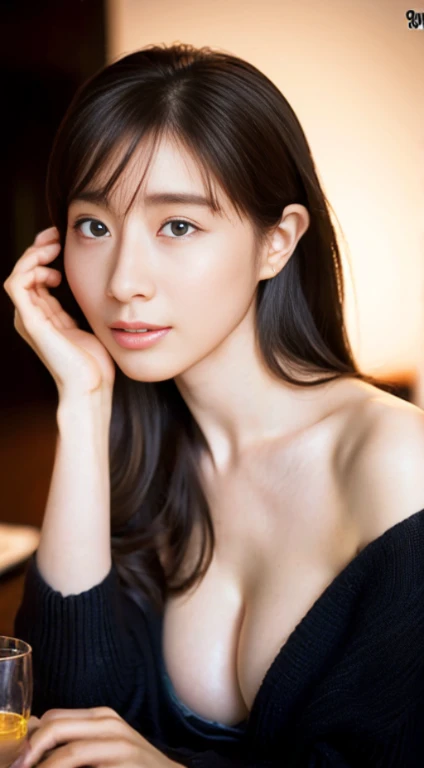 (table top:1.3), (8K, realistic, RAW photo, highest quality: 1.4), Japanese, beautiful face, (lifelike face), (long hair:1.3), realistic eyes, beautiful eyes, (real skin), beautiful skin, 超High resolution, surreal, High resolution, beautiful japanese woman,big breasts、shirt、cleavage、long off shoulder knit、beautiful legs、from below