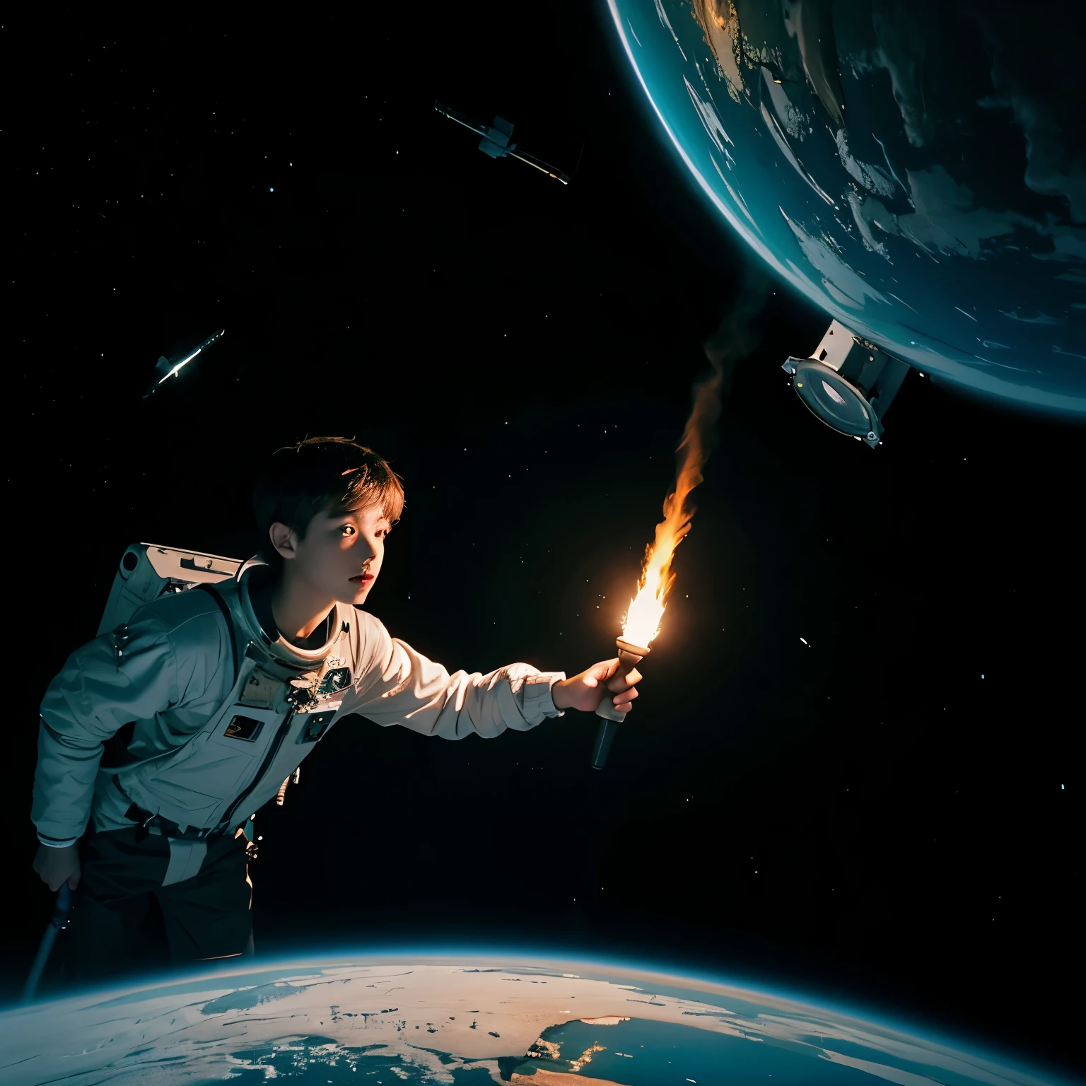 Boy with torch in space