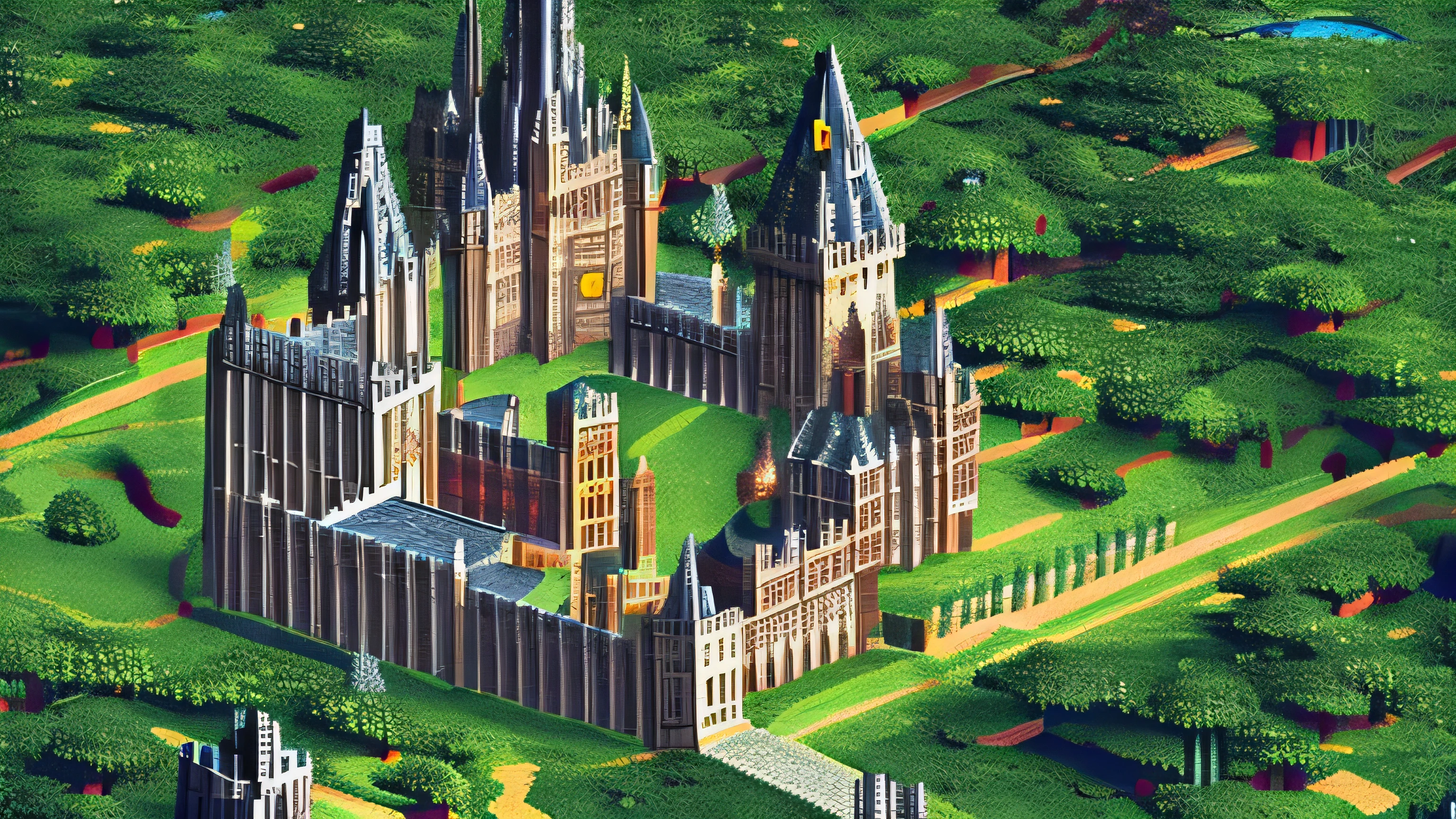 Pixel art: Château de Poudlard ( Harry Potter) dans le monde minecraft 