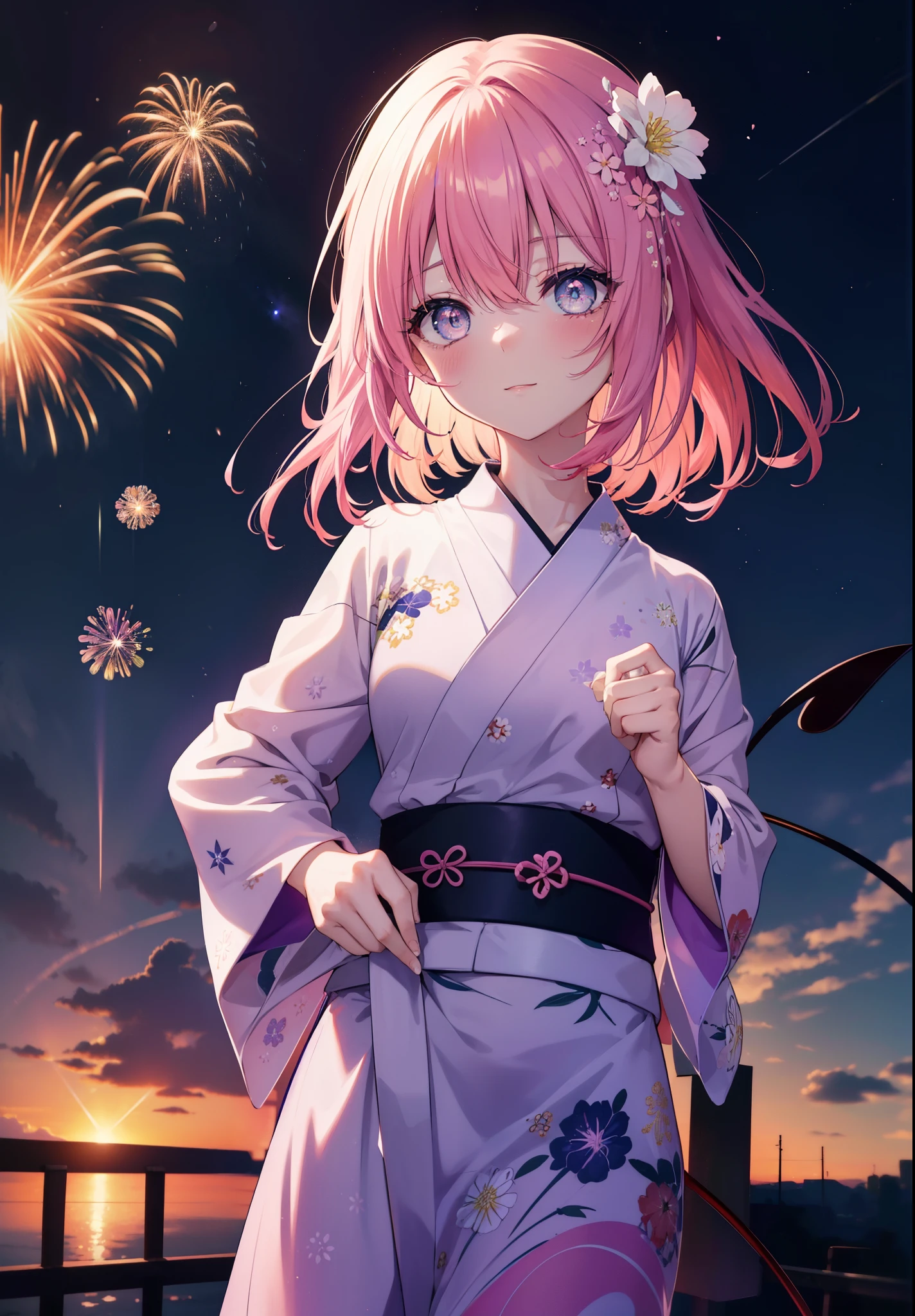 Momodel Luke, Momo model building rook, demon tail, hair flower, hair ornaments, (purple eyes:1.1), blush,smile,happy atmosphere,pink hair, long hair, tail,pink gorgeous yukata,Zori sandals,fireworks in the night sky、rise rapidly,The place is a fireworks display,Time is night,sunny day,全身がイラストに入るように
break demon tail,
break outdoors,
break looking at viewer, (cowboy shot:1.5),
break (masterpiece:1.2), highest quality, High resolution, unity 8k wallpaper, (shape:0.8), (beautiful detailed eyes:1.6), extremely detailed face, perfect lighting, extremely detailed CG, (perfect hands, perfect anatomy),