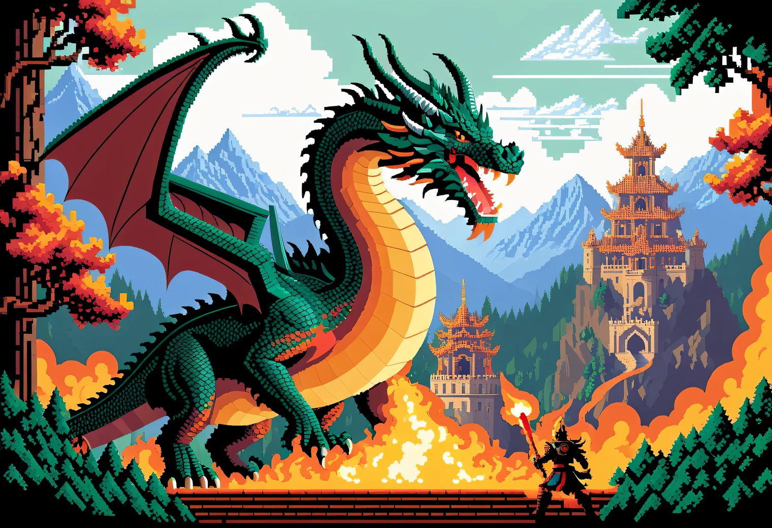 Pixel art, the painting depicts the plot of an epic battle between a brave warrior and a large fire-breathing dragon, epic setting and majestic battle, beautiful fantasy landscape with intricate architectural forms and forest, dragon shown in detail, brave warrior described in detail, pixel art image, 16-bit colors, High detail, A high resolution