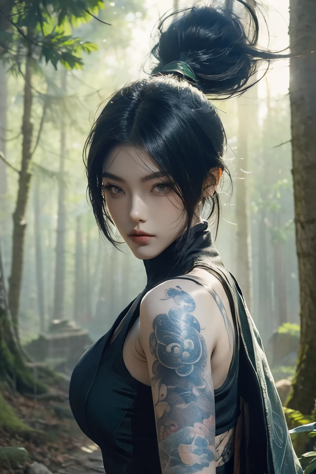 Akali masked shoulder tattoo in League of Legends，one person，wallpaper，Background in the forest，Game character design，high ponytail，Super light sense，female ninja。