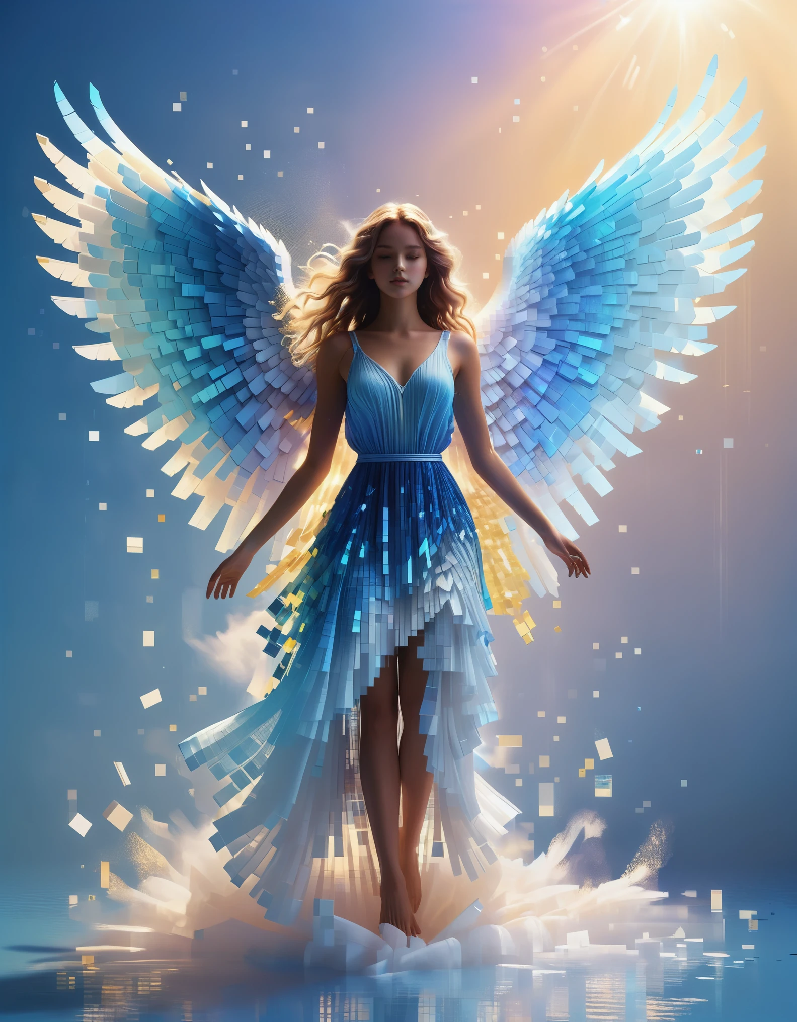 A blue gradient dissolved pixel giant beautiful angel girl floating in the air，soar，（whole body），3D voxels，A structure that starts out intact but gradually disintegrates in the air，Sunlight spills in，Background holographic paradise