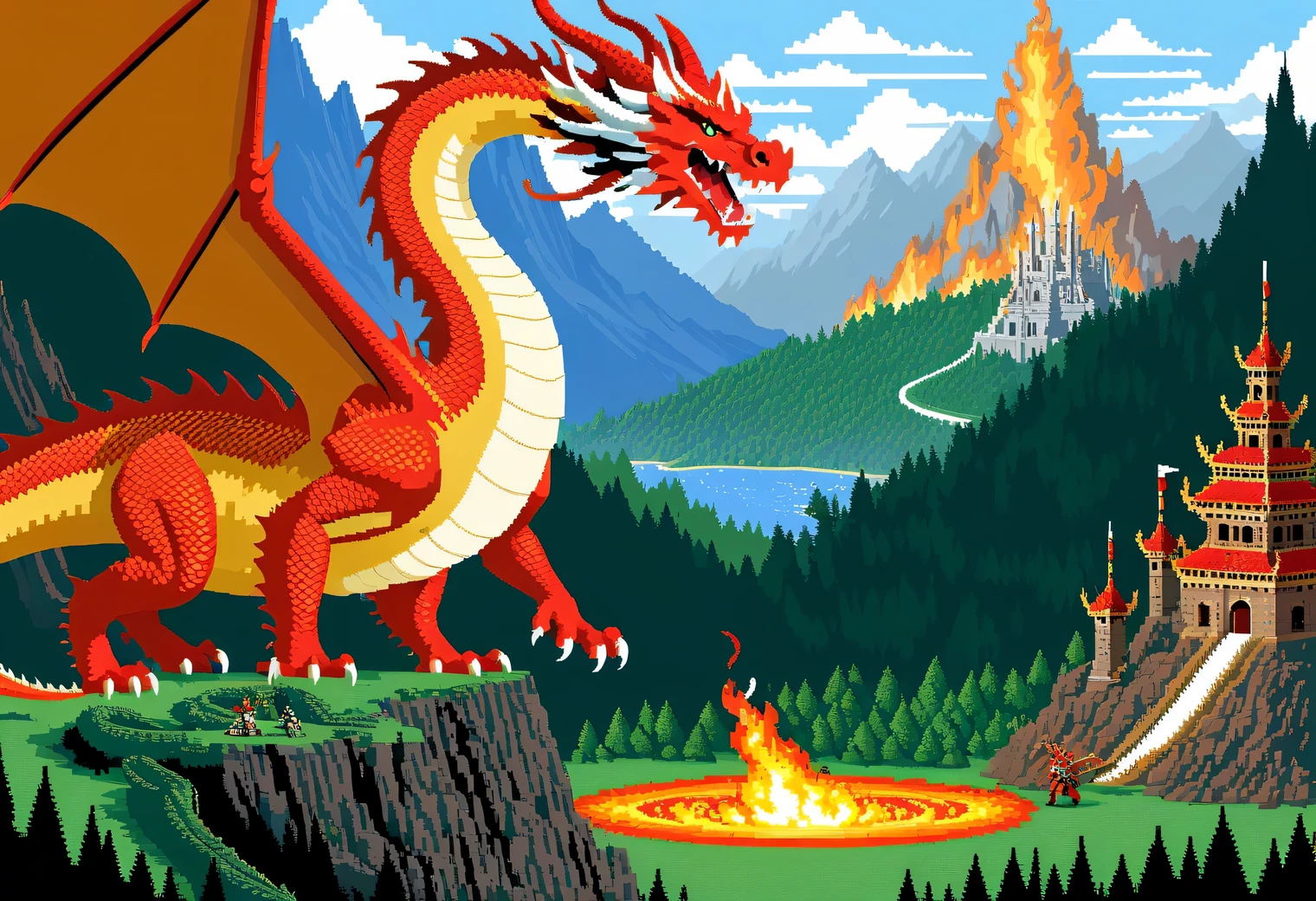 Pixel art, the painting depicts the plot of an epic battle between a brave warrior and a large fire-breathing dragon, epic setting and majestic battle, beautiful fantasy landscape with intricate architectural forms and forest, dragon shown in detail, brave warrior described in detail, pixel art image, 16-bit colors, High detail, A high resolution