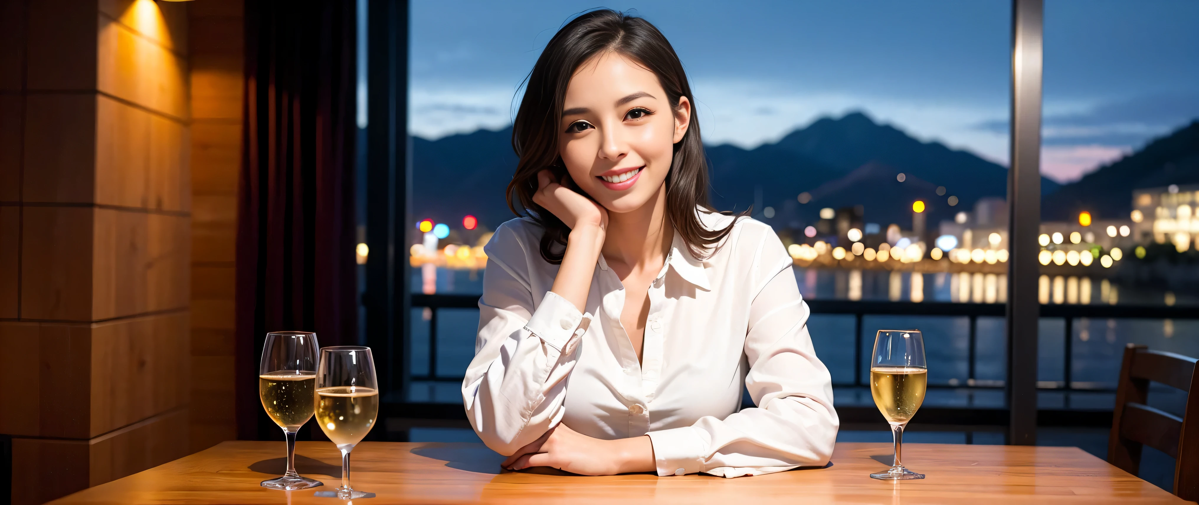 64k, Hmm, highest quality, masterpiece: 1.2), (realistic, photorealistic: 1.37), Spectacular view of the sunset sky and clouds、Amazing mountain views、slimな美女3名, (slimフェイス),Happy、 最高なsmile、Fox face、Berry Short、(because I&#39;thin), (brown hair), (shortcut), long sleeve shirt、winter fashion、Colombian、Brazilian、Japanese、Dutch、German、Portuguese、Belgian、Italian、French,Champagne、sparkling wine、 (Squirting), (slimボティ), (brown hair), (shortcut), neat beauty、cheeks turn a little red, (40 years old), 38 years old, alone, A beautiful and detailed night view spreads out outside the window......, restaurant, wine glassが座っている, At night, in a prominent place (from the Upper body) nova frog style, actress, model, Upper body, White wine, slim, wine glass, Very beautiful night view, wine glass Put in the Middle, Happy smile, (smile: 1.15), 